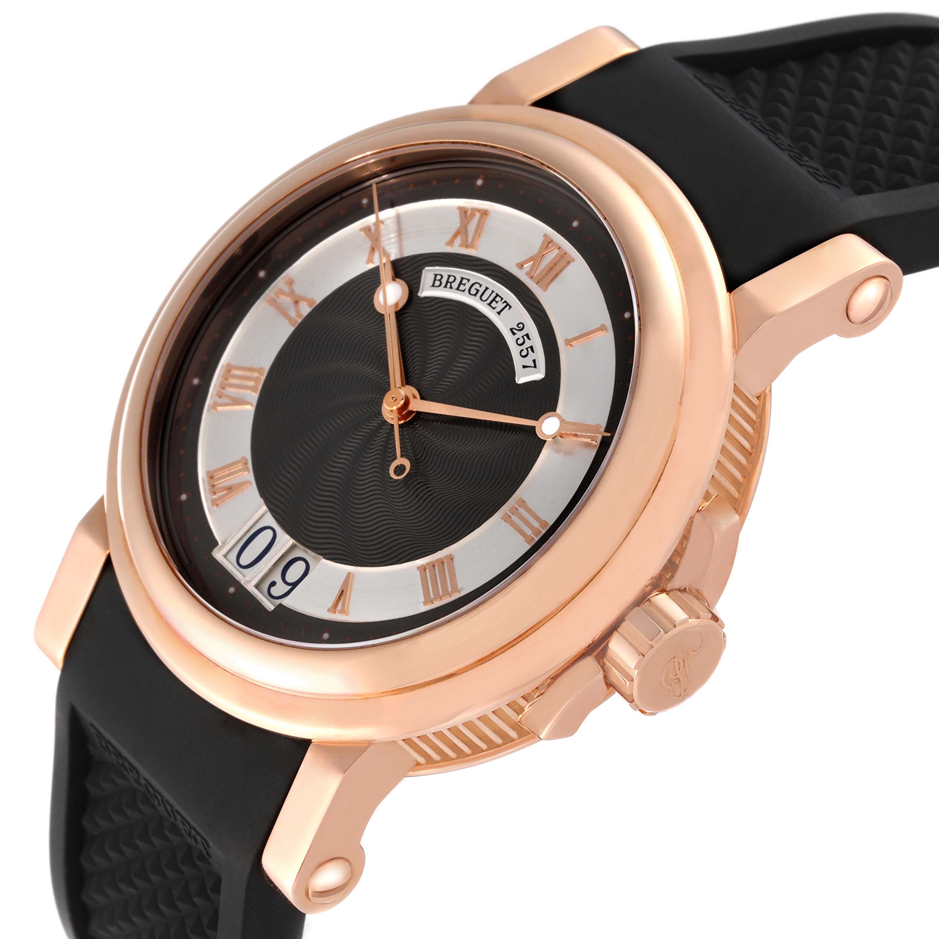 The Breguet Marine 5817BR/Z2/5V8 Men's Rose Gold Black Dial 5817BR/Z2/5V8 Men's Rose Gold Black Dial model watch is shown at a three-quarter angle, highlighting the case, dial, crown, and strap.