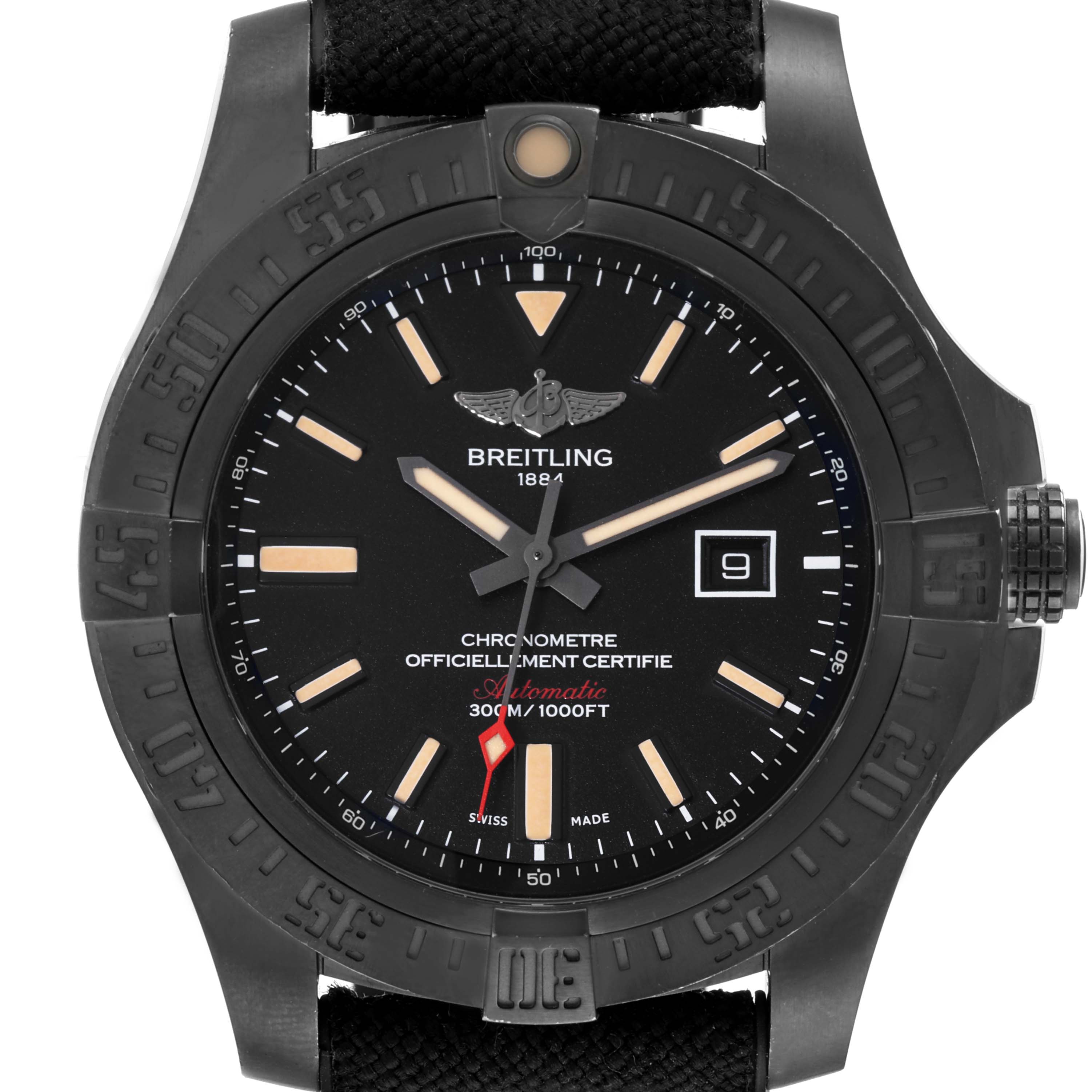 The image shows a frontal view of a Breitling Avenger V17310 Men's Titanium Black Dial V17310 Men's Titanium Black Dial watch, displaying the dial, bezel, and part of the strap.