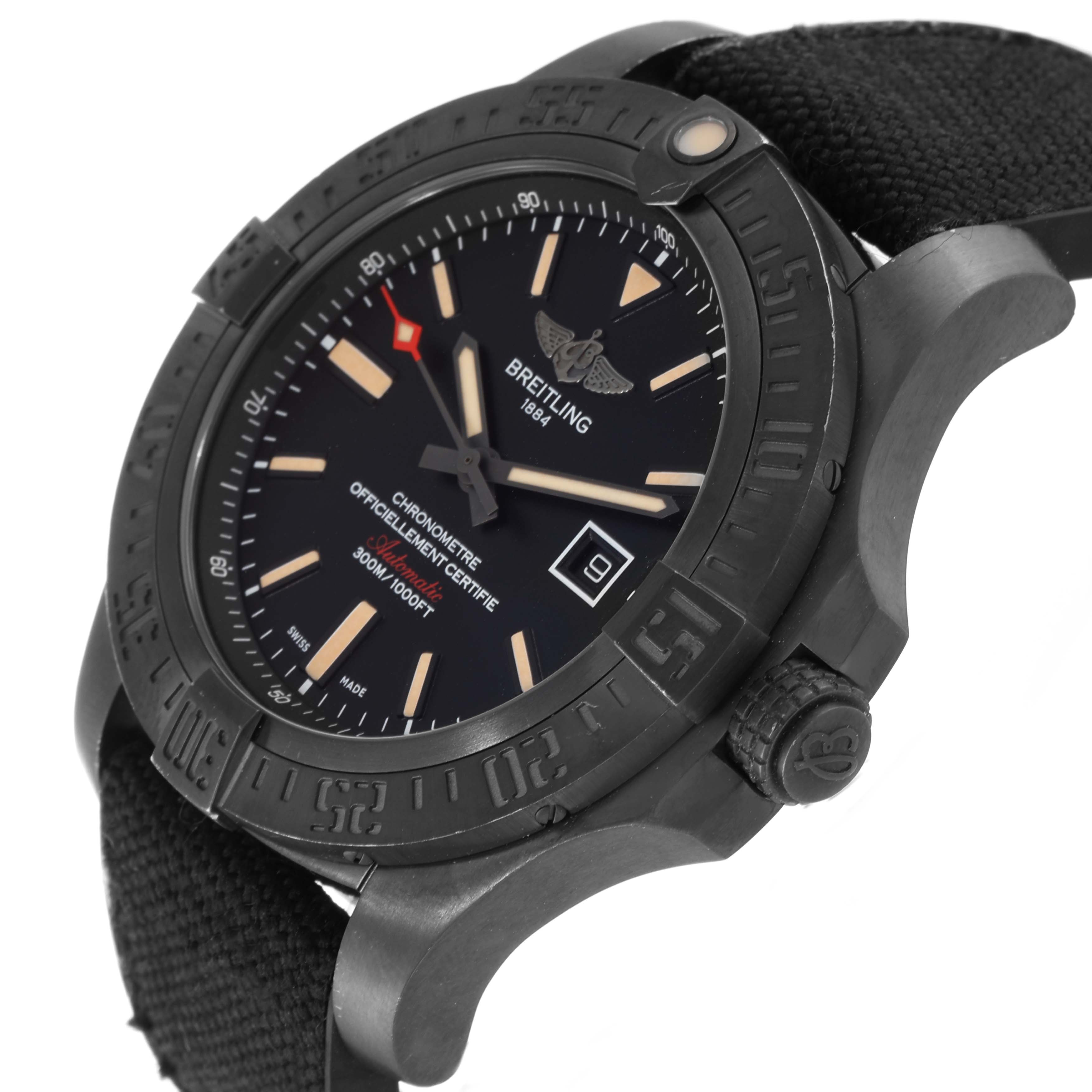 This image shows a close-up view of the Breitling Avenger V17310 Men's Titanium Black Dial V17310 Men's Titanium Black Dial watch, highlighting its dial, bezel, and crown.