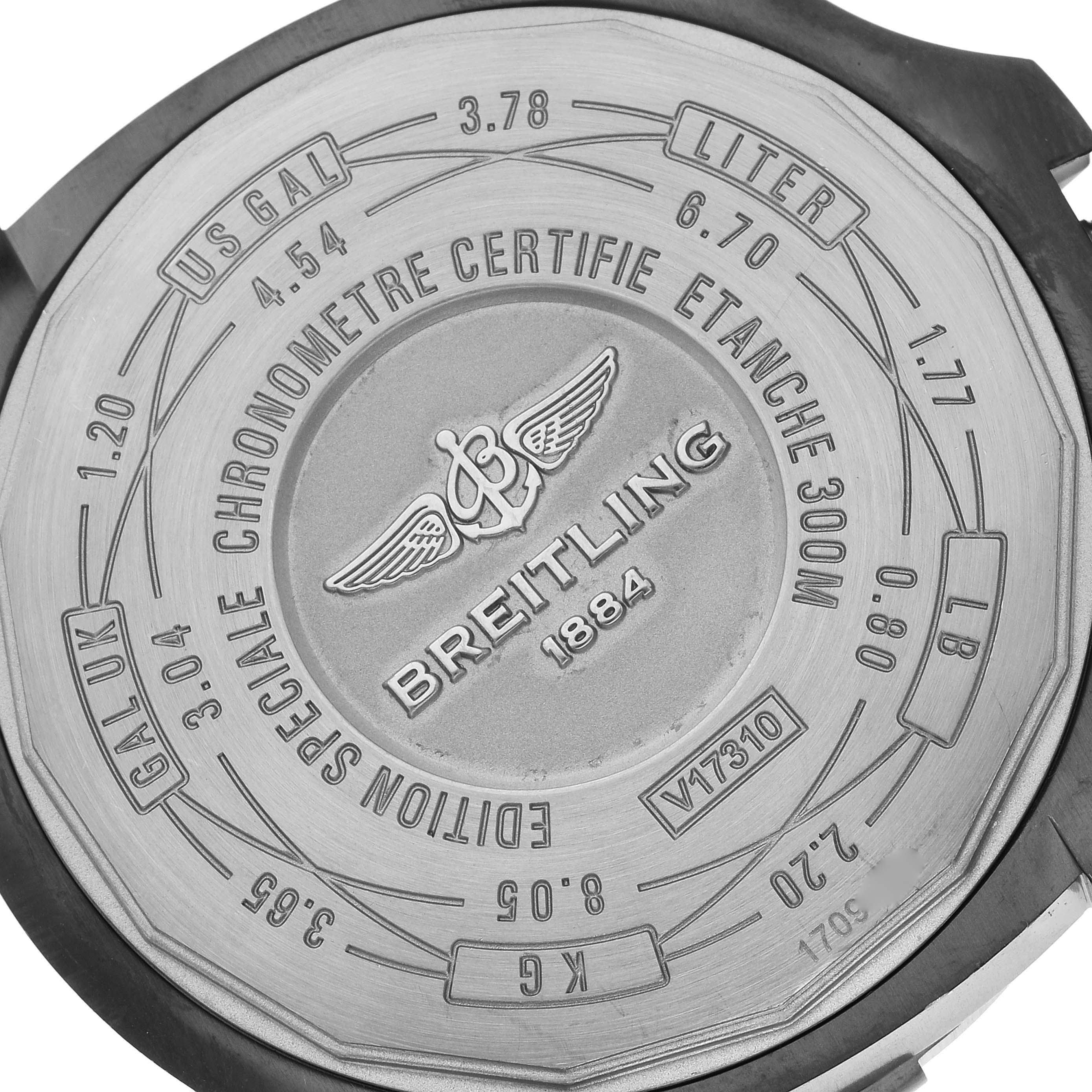 This image shows the back case of a Breitling Avenger V17310 Men's Titanium Black Dial V17310 Men's Titanium Black Dial model watch with various inscriptions and unit conversions.