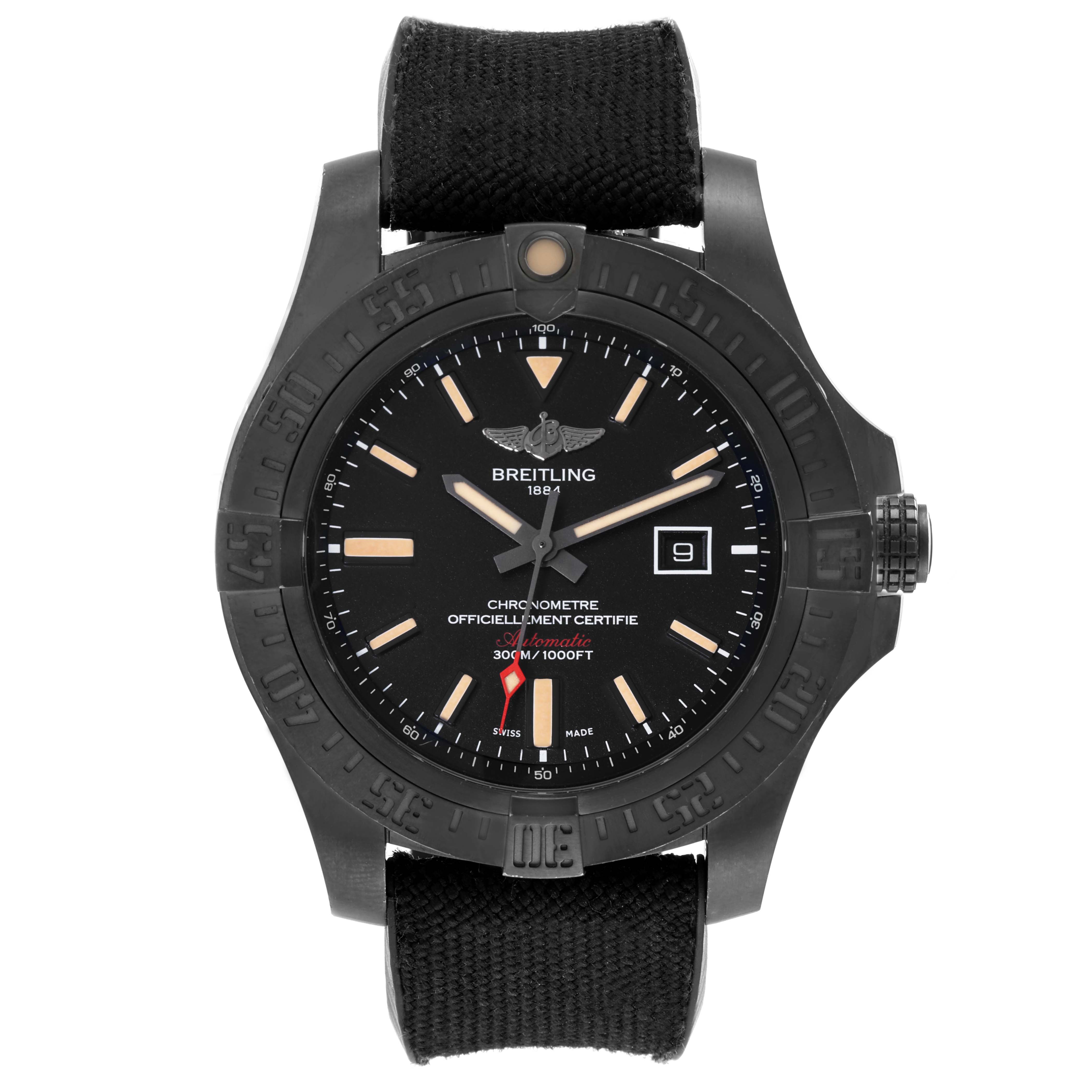The image shows a frontal view of the Breitling Avenger V17310 Men's Titanium Black Dial V17310 Men's Titanium Black Dial watch, displaying the dial, bezel, hands, and strap.