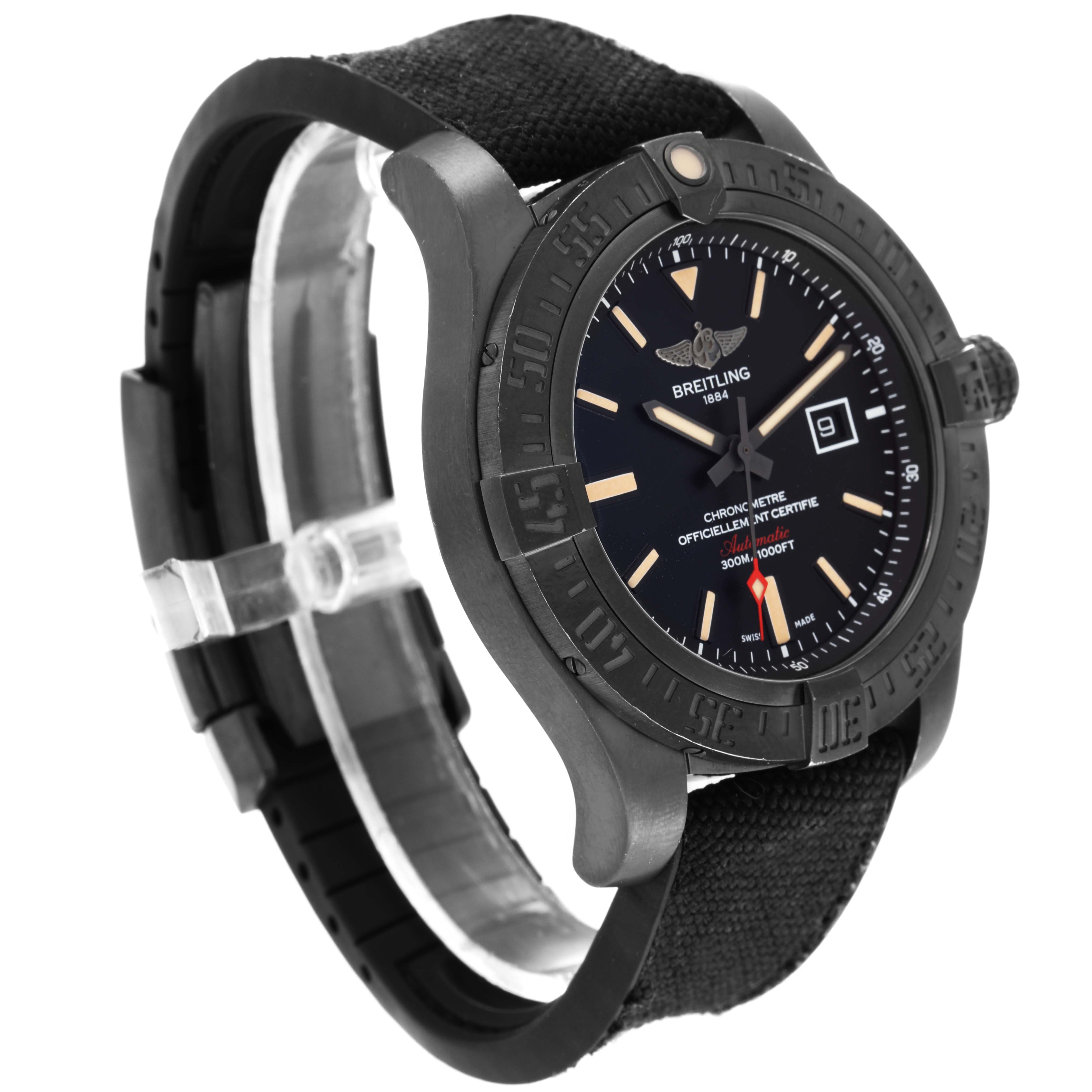 The image shows a Breitling Avenger V17310 Men's Titanium Black Dial V17310 Men's Titanium Black Dial watch at a slight angle, highlighting the face, bezel, and strap.