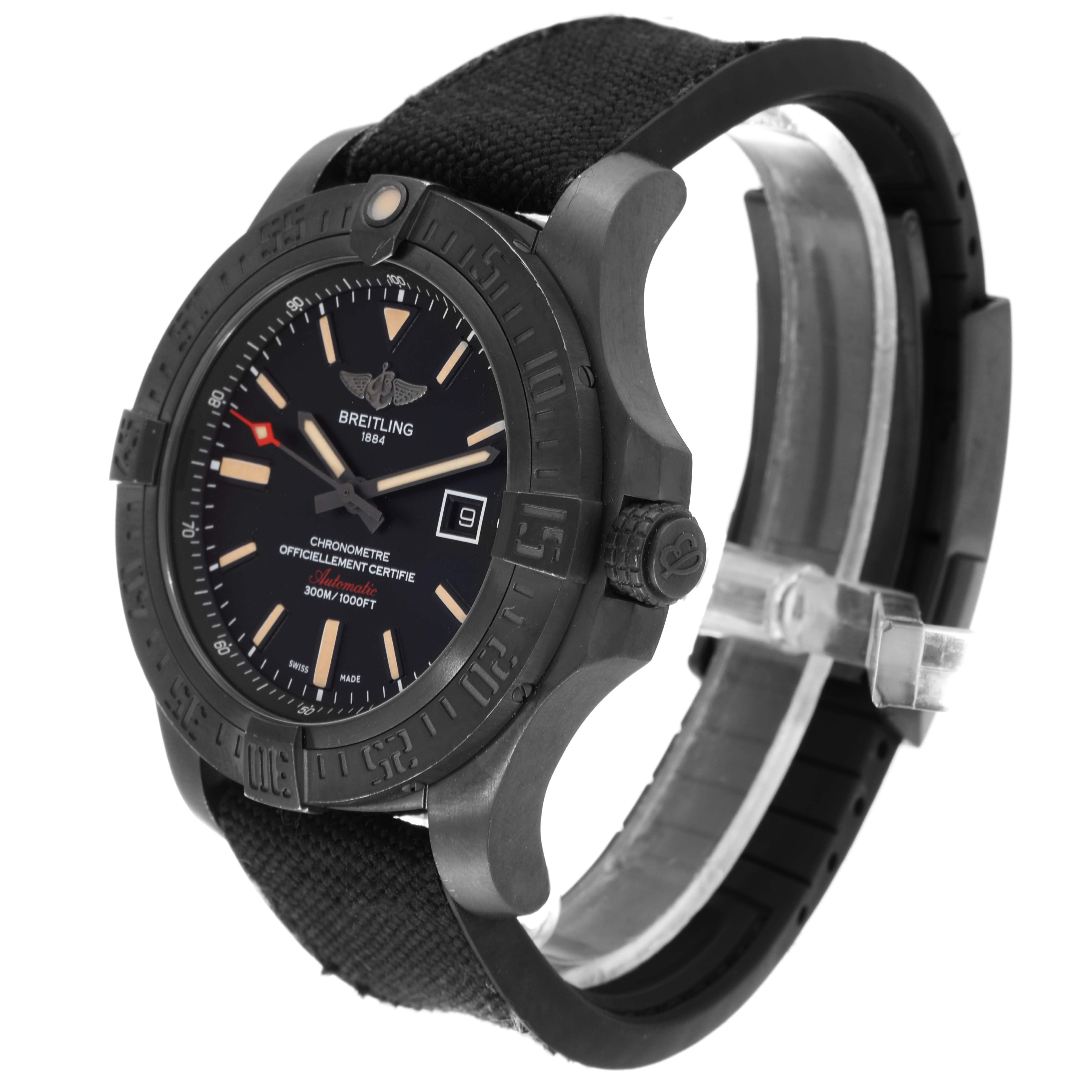 The Breitling Avenger V17310 Men's Titanium Black Dial V17310 Men's Titanium Black Dial watch is shown at a slight angle, displaying the face, bezel, strap, and side crown.