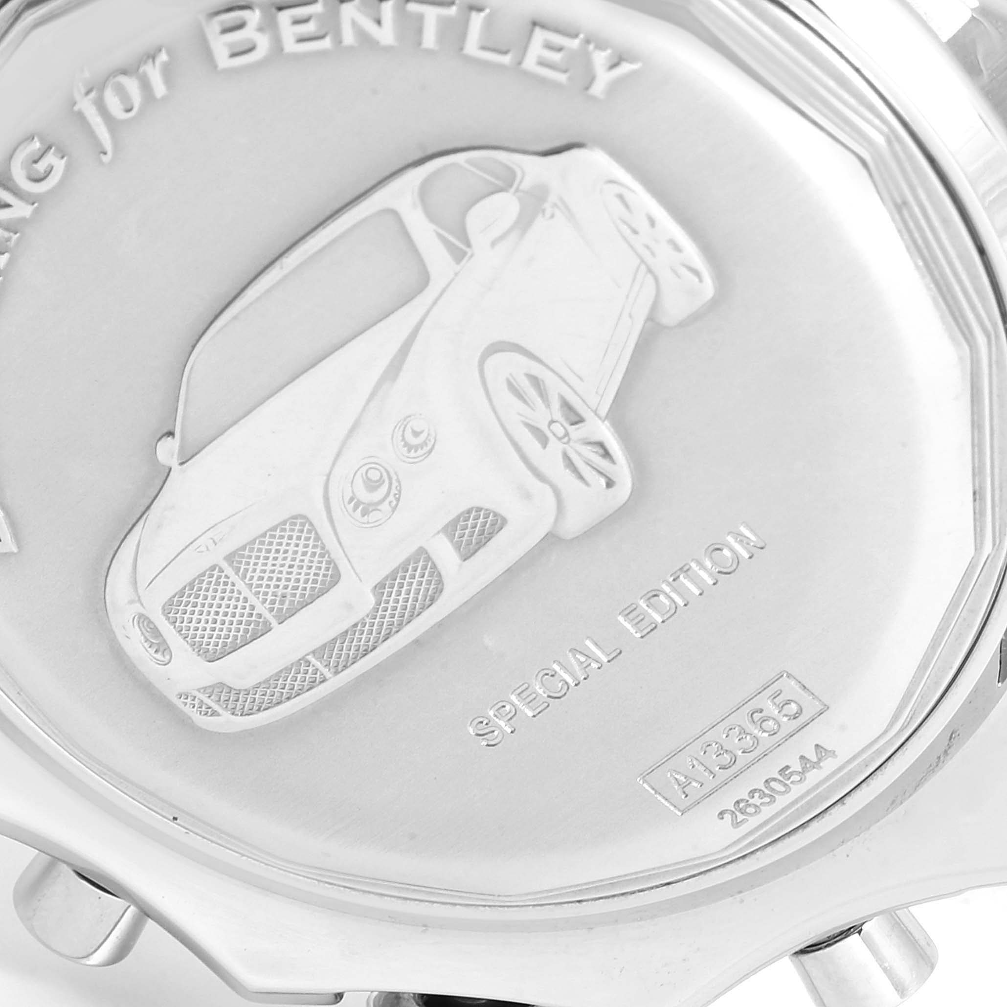 The image shows the engraved back case of a Breitling Bentley A13362 Men's Stainless Steel Black Dial A13362 Men's Stainless Steel Black Dial model watch.