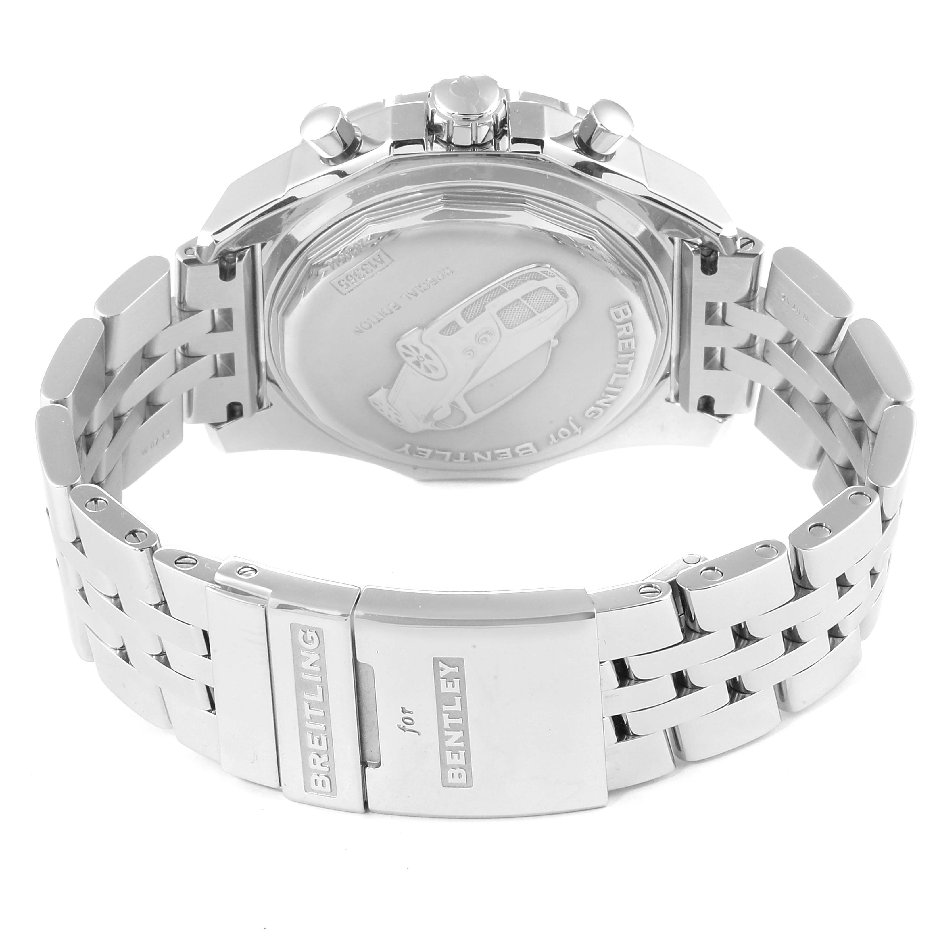The image shows the backside and clasp of a Breitling for Bentley watch model, highlighting the case back and metal bracelet.