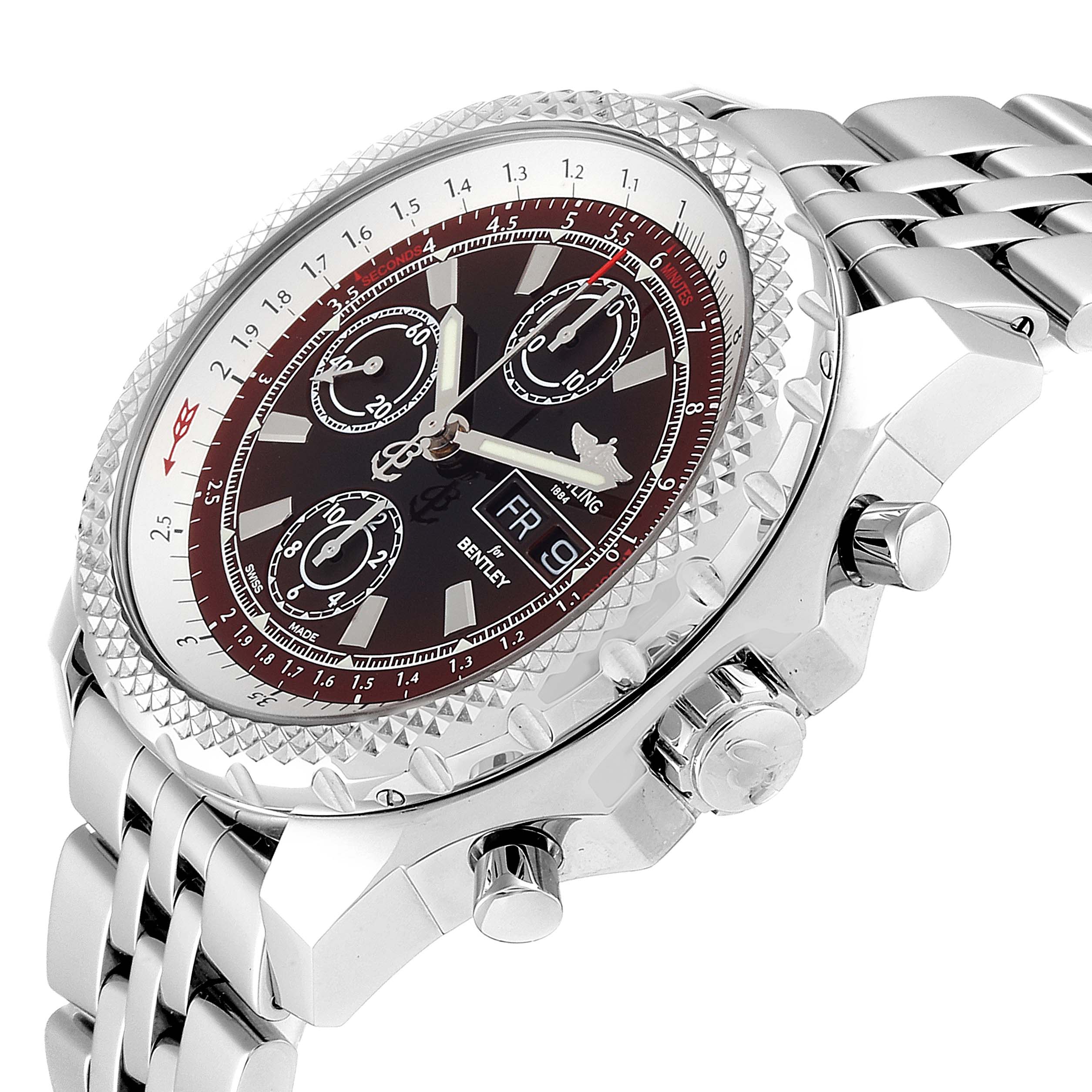 This image shows a side and partial front view of the Breitling Bentley A13362 Men's Stainless Steel Black Dial A13362 Men's Stainless Steel Black Dial model watch, highlighting the dial, bezel, and bracelet.