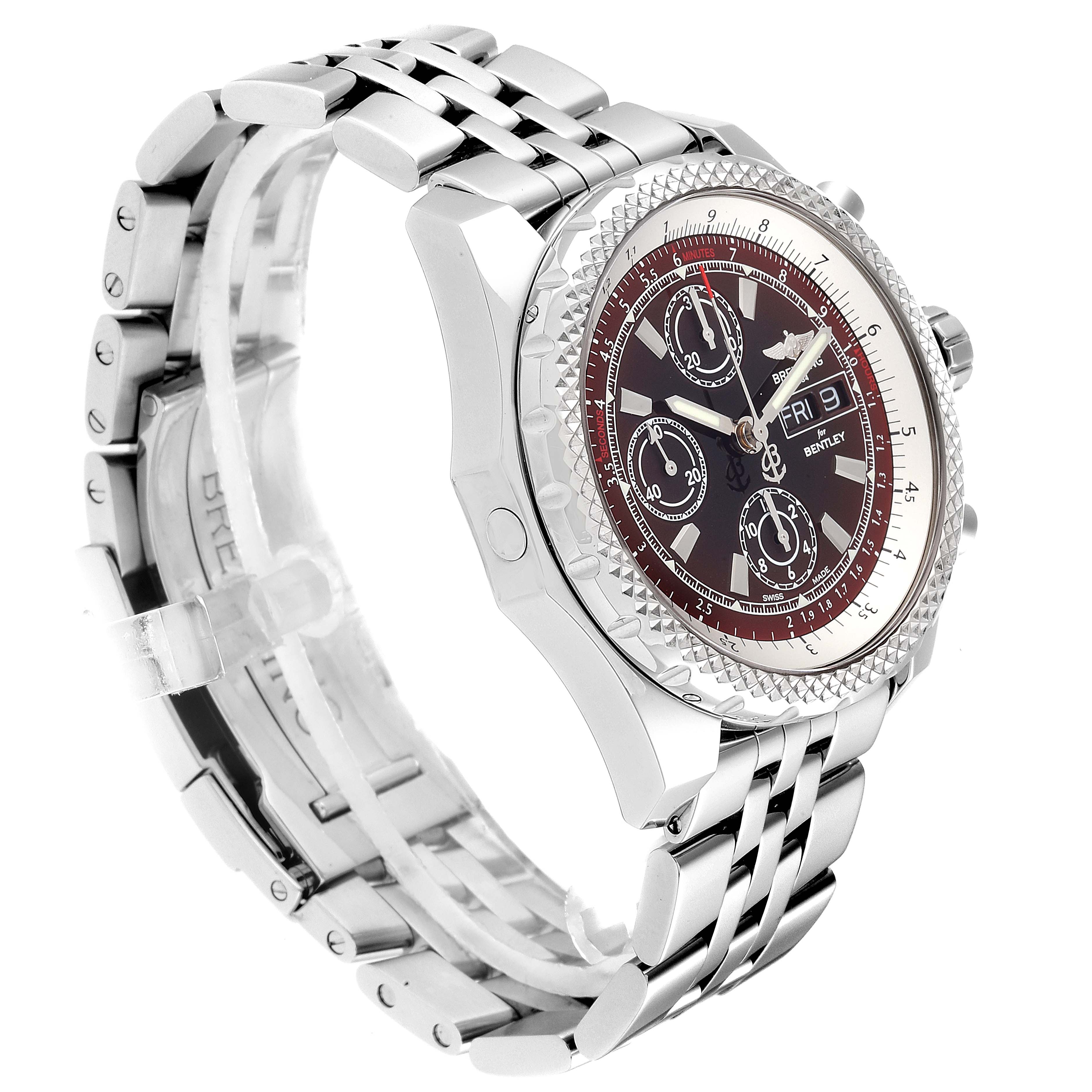 The image shows a side angle view of a Breitling Bentley A13362 Men's Stainless Steel Black Dial A13362 Men's Stainless Steel Black Dial watch, highlighting its metal band, dial, and crown.