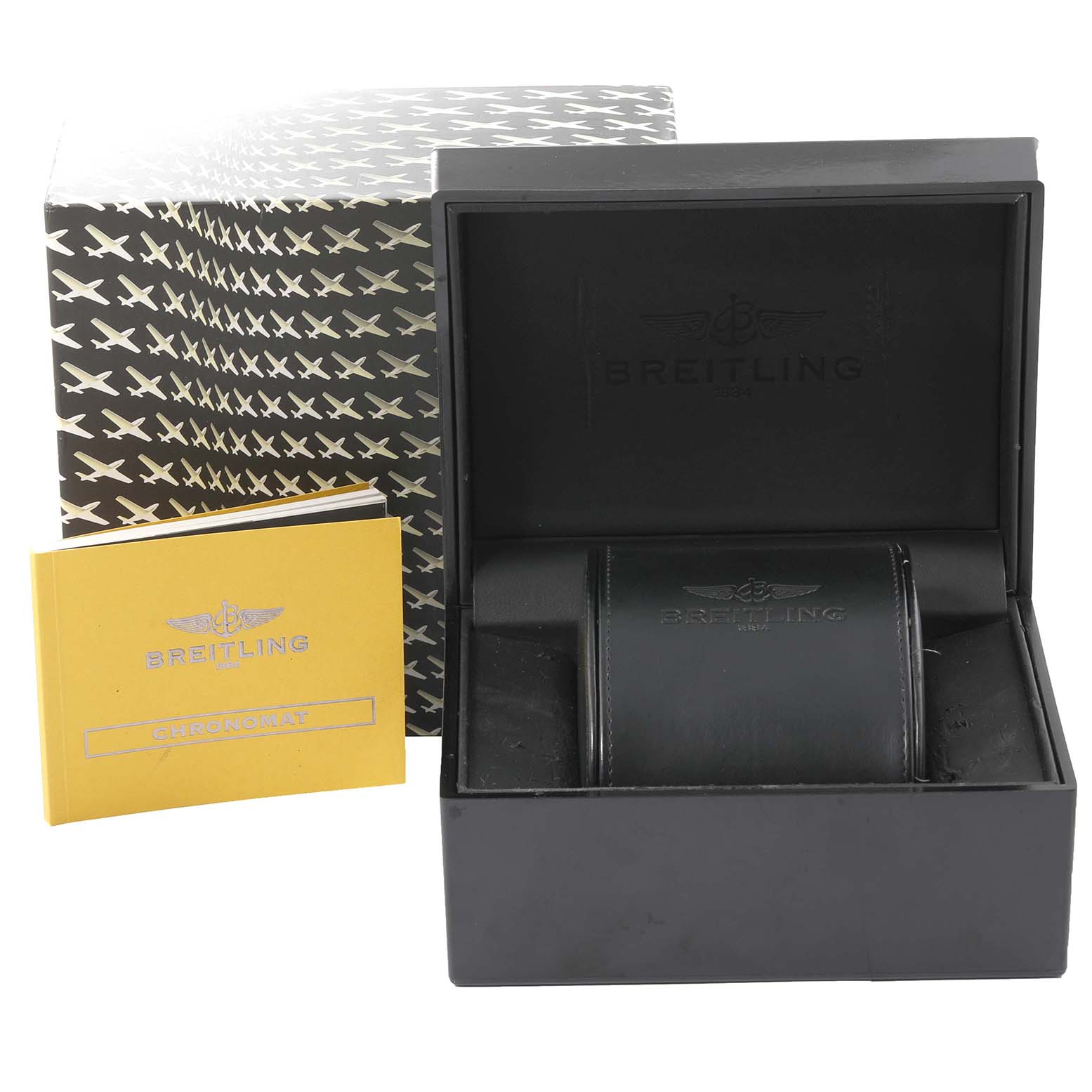 The image shows the box and packaging, including a yellow booklet, for the Breitling Chronomat AB0110 Men's Stainless Steel Black Dial AB0110 Men's Stainless Steel Black Dial watch.