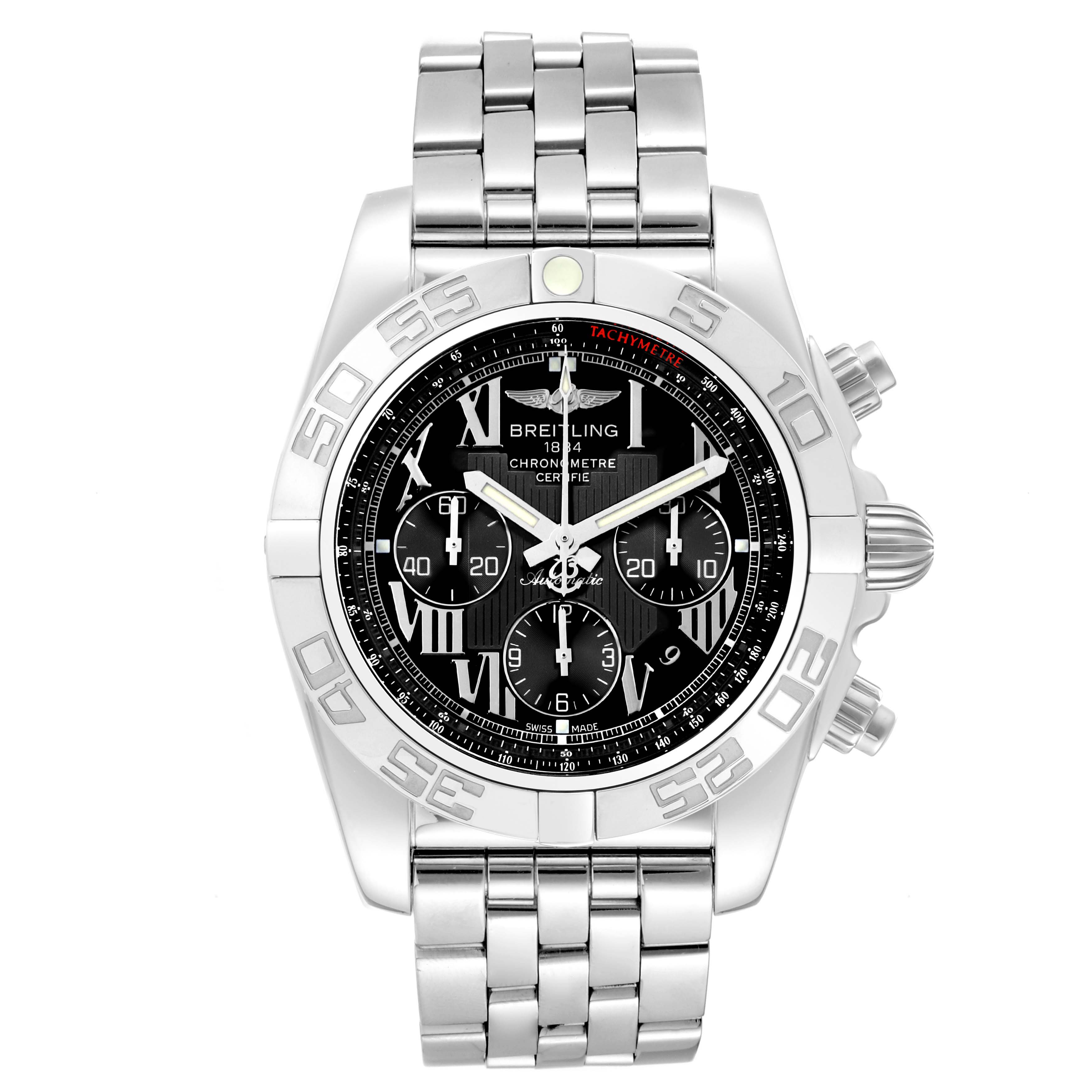 The image shows a front view of the Breitling Chronomat AB0110 Men's Stainless Steel Black Dial AB0110 Men's Stainless Steel Black Dial watch, featuring its stainless steel case, bracelet, and black dial with three sub-dials.