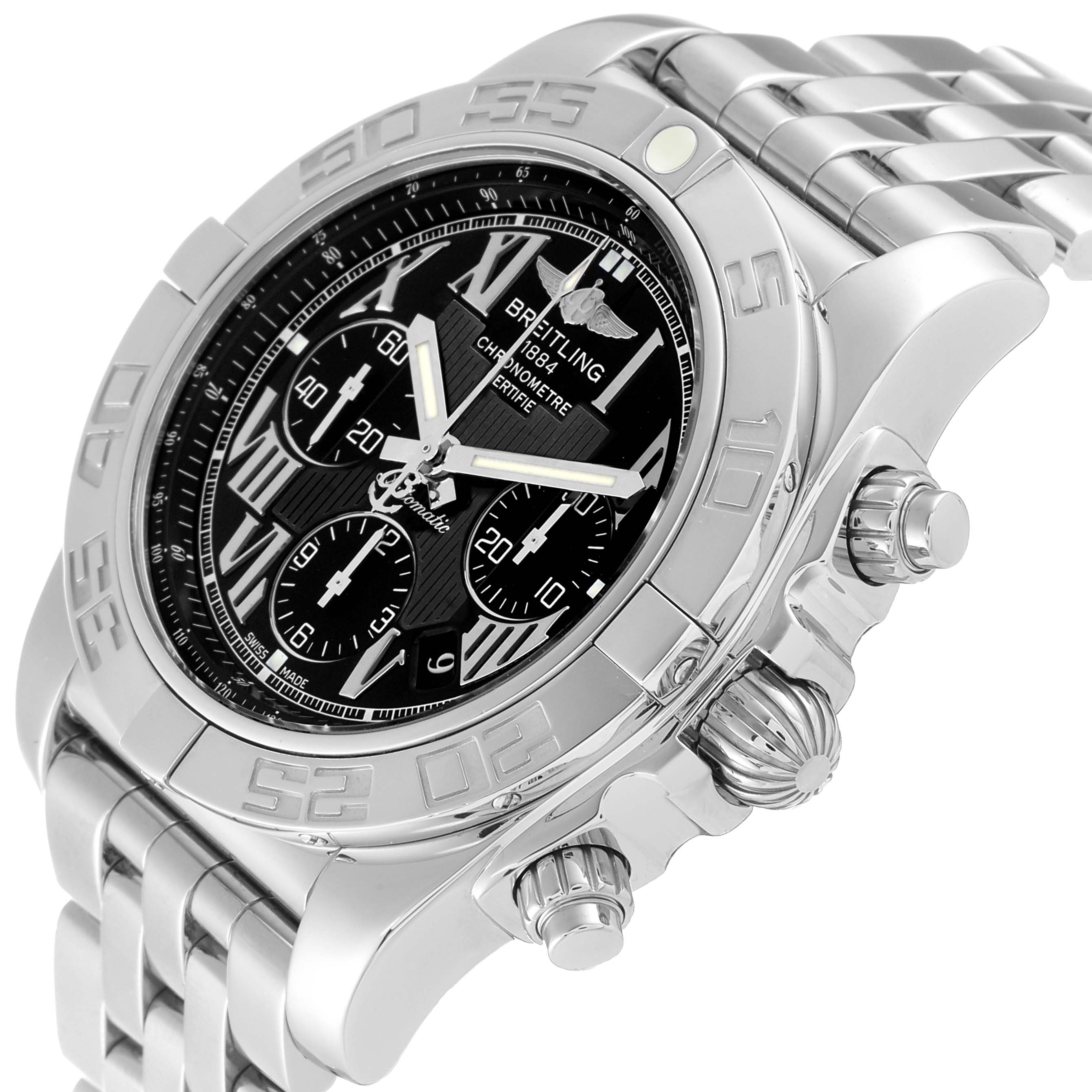 The Breitling Chronomat AB0110 Men's Stainless Steel Black Dial AB0110 Men's Stainless Steel Black Dial watch is shown from a three-quarter angle, highlighting the dial, bezel, crown, and bracelet.