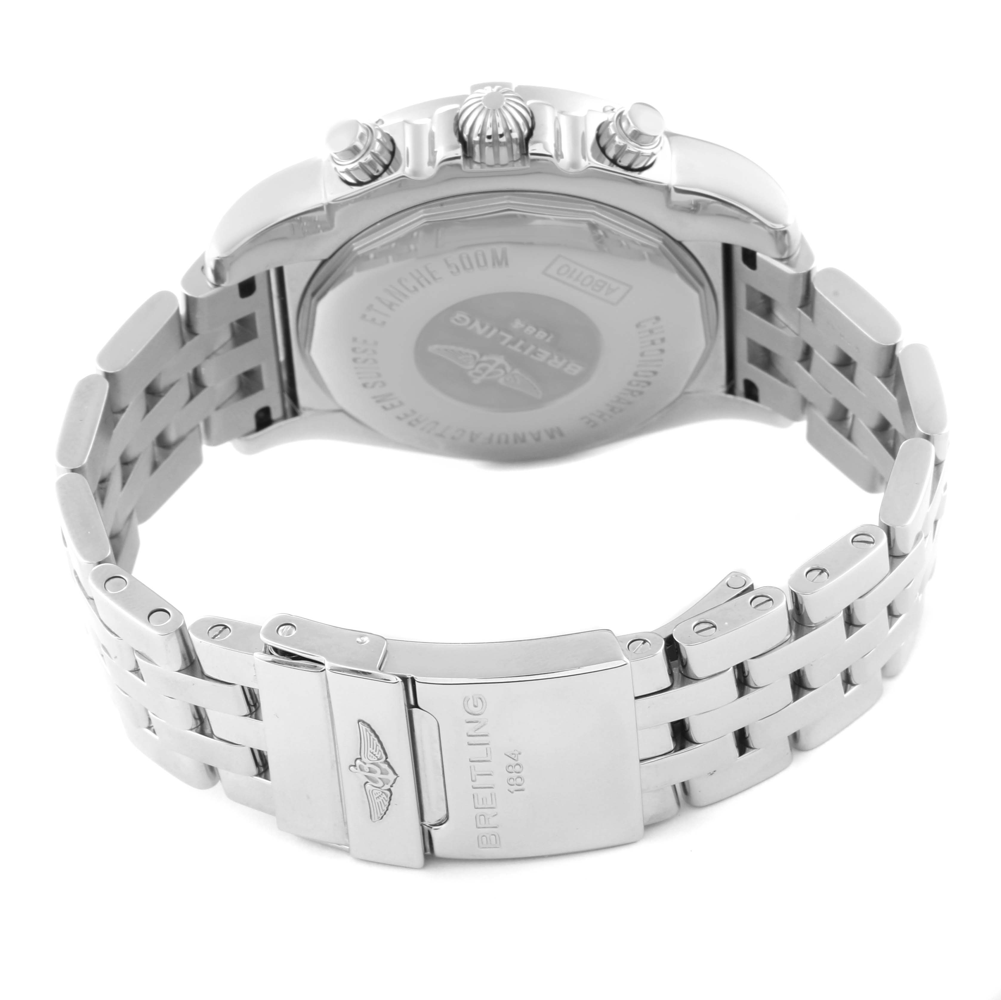 The image shows the back and side of a Breitling Chronomat AB0110 Men's Stainless Steel Black Dial AB0110 Men's Stainless Steel Black Dial watch, including the bracelet and clasp.