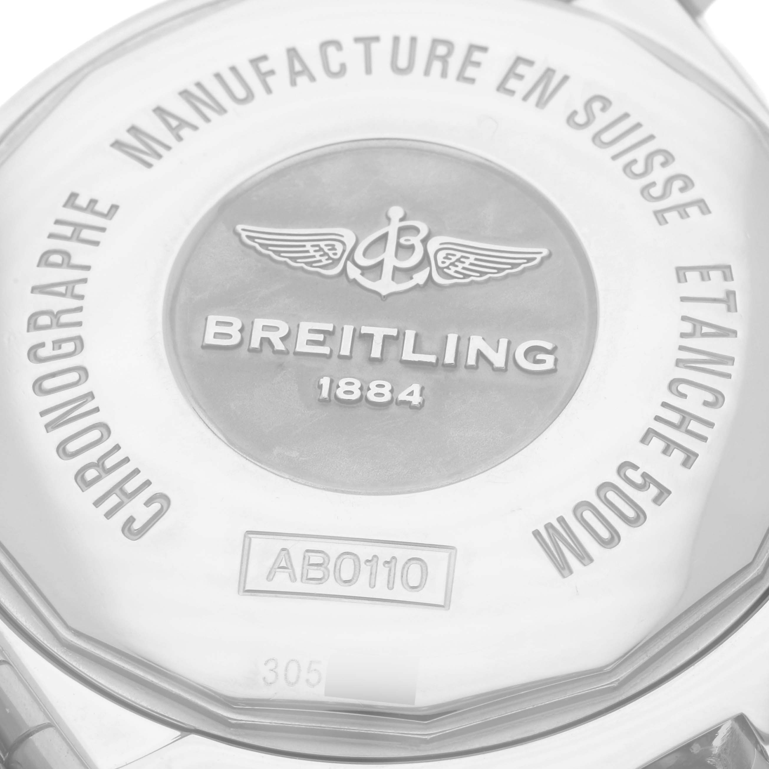The image shows the back case of a Breitling Chronomat AB0110 Men's Stainless Steel Black Dial AB0110 Men's Stainless Steel Black Dial watch with branding and model details.