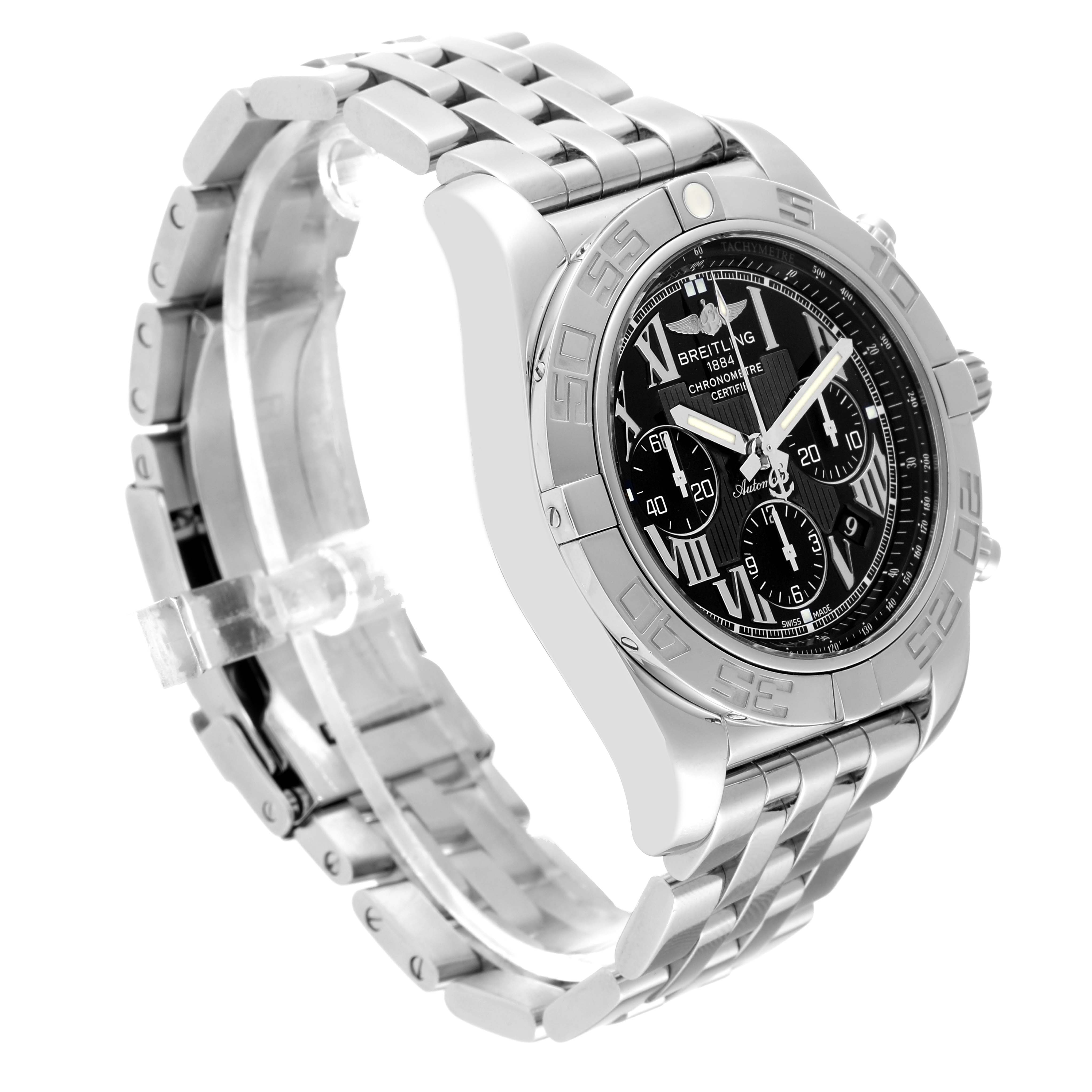 The image shows a side angle of the Breitling Chronomat AB0110 Men's Stainless Steel Black Dial AB0110 Men's Stainless Steel Black Dial watch, highlighting its stainless steel case, dial, and bracelet.