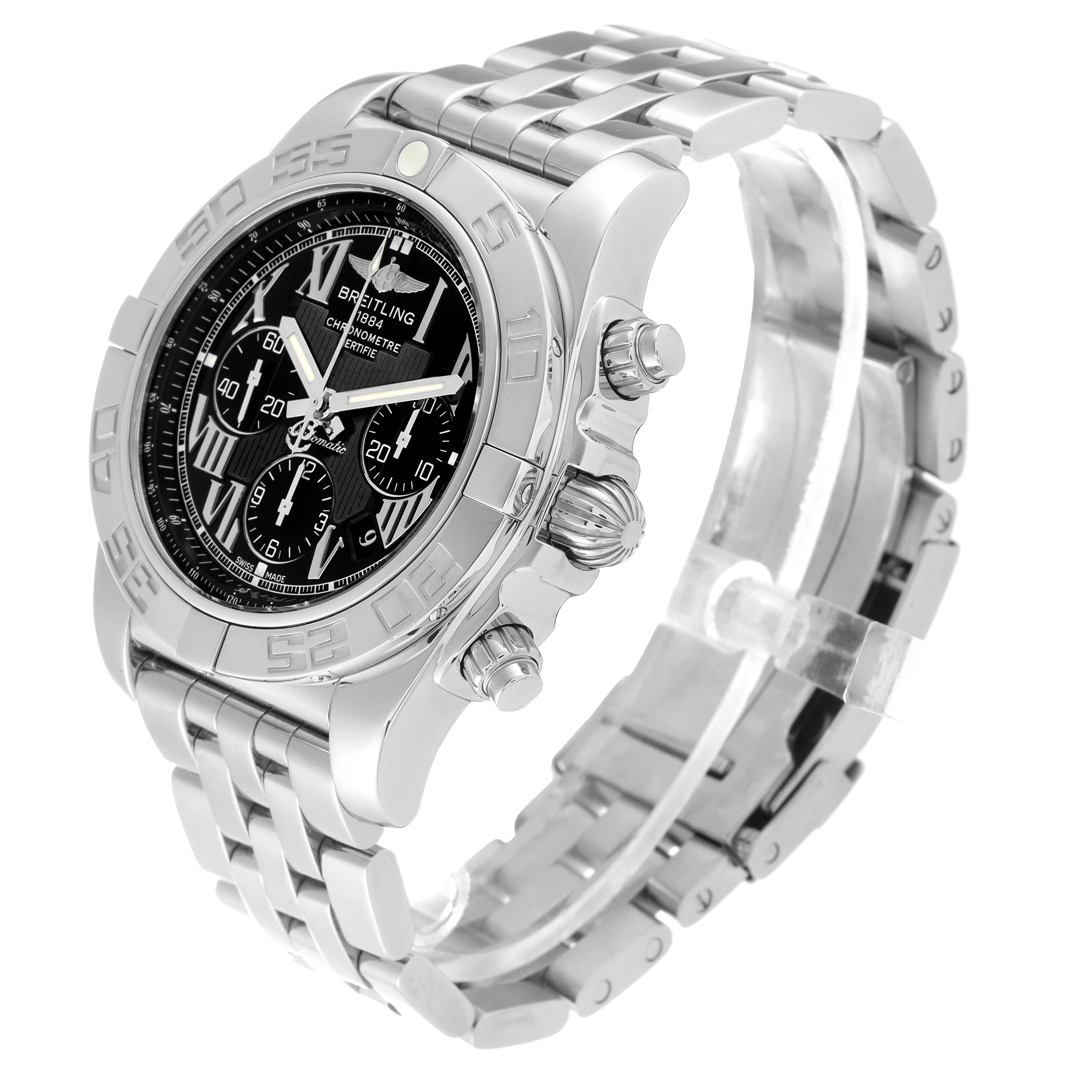 The image shows a Breitling Chronomat AB0110 Men's Stainless Steel Black Dial AB0110 Men's Stainless Steel Black Dial watch at an angle highlighting the dial, crown, pushers, and stainless steel bracelet.