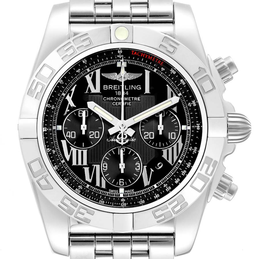 The Chronomat model by Breitling is shown from the front, highlighting the dial, bezel, and bracelet links.