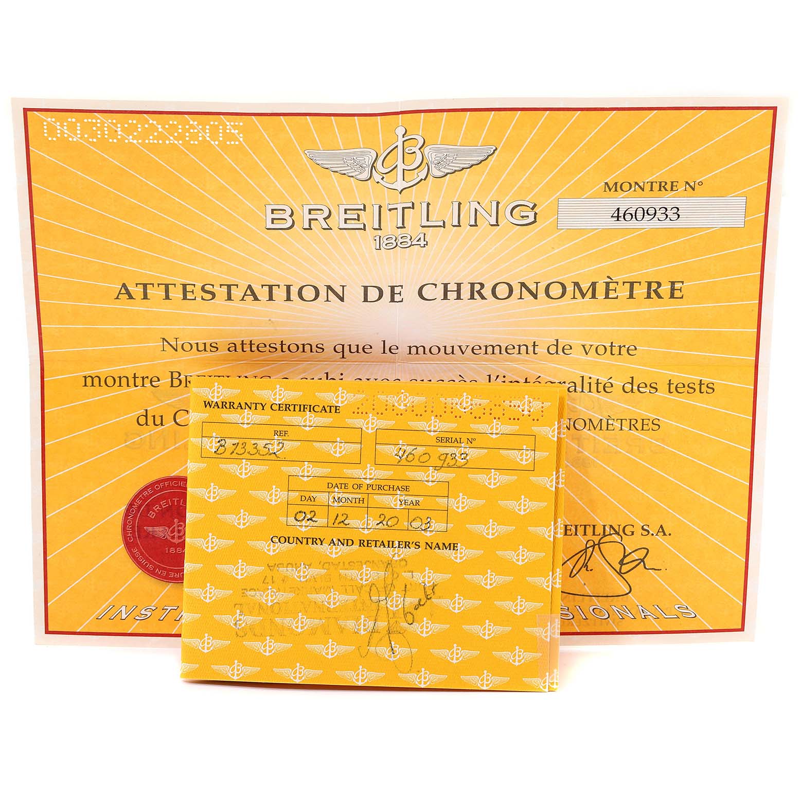 The image shows a Breitling Chronomat B13352 Men's Steel and Gold (two tone) White Dial B13352 Men's Steel and Gold (two tone) White Dial model warranty certificate and chronometer attestation documentation.