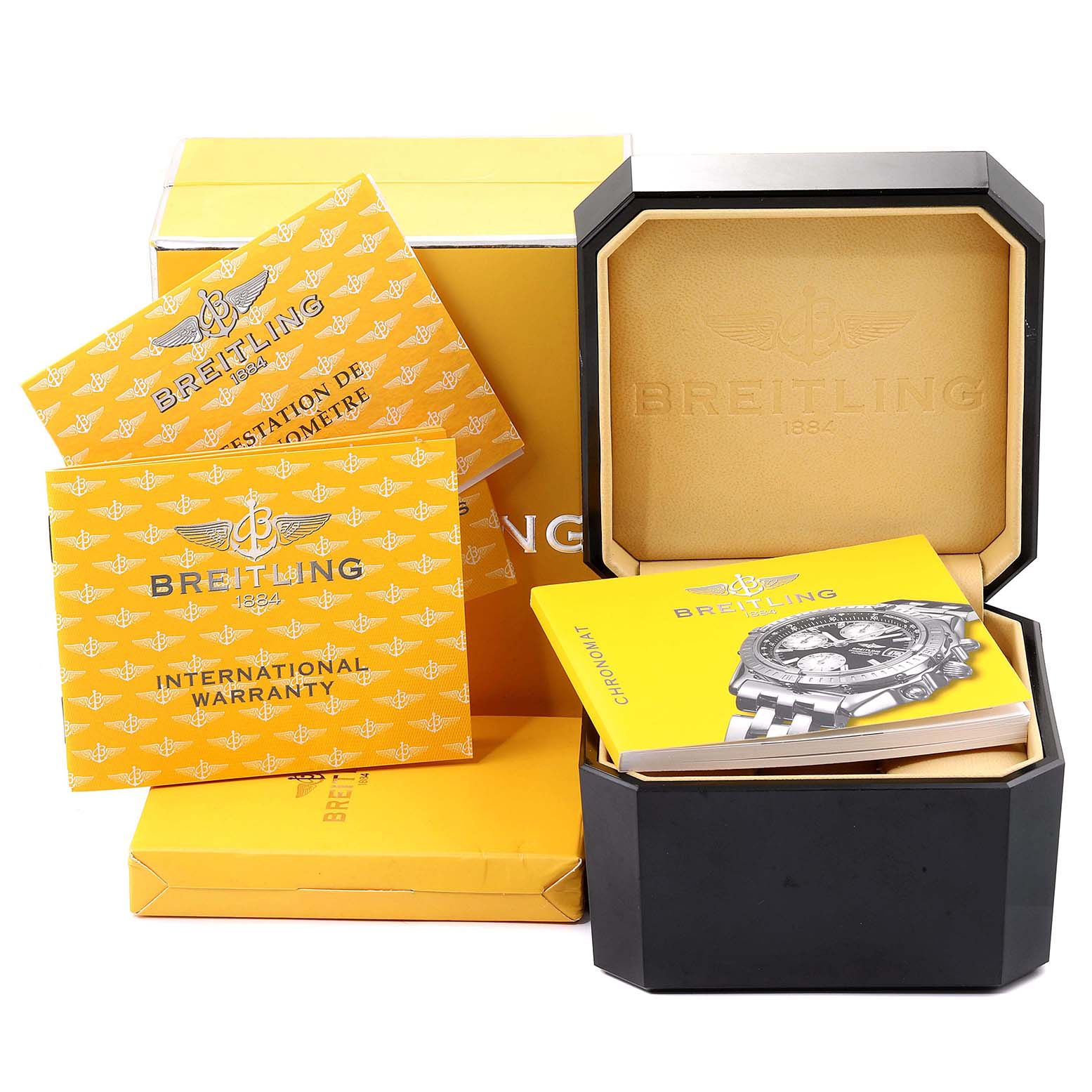 The image shows the packaging and documents of a Breitling Chronomat B13352 Men's Steel and Gold (two tone) White Dial B13352 Men's Steel and Gold (two tone) White Dial watch, including the warranty and user manual.