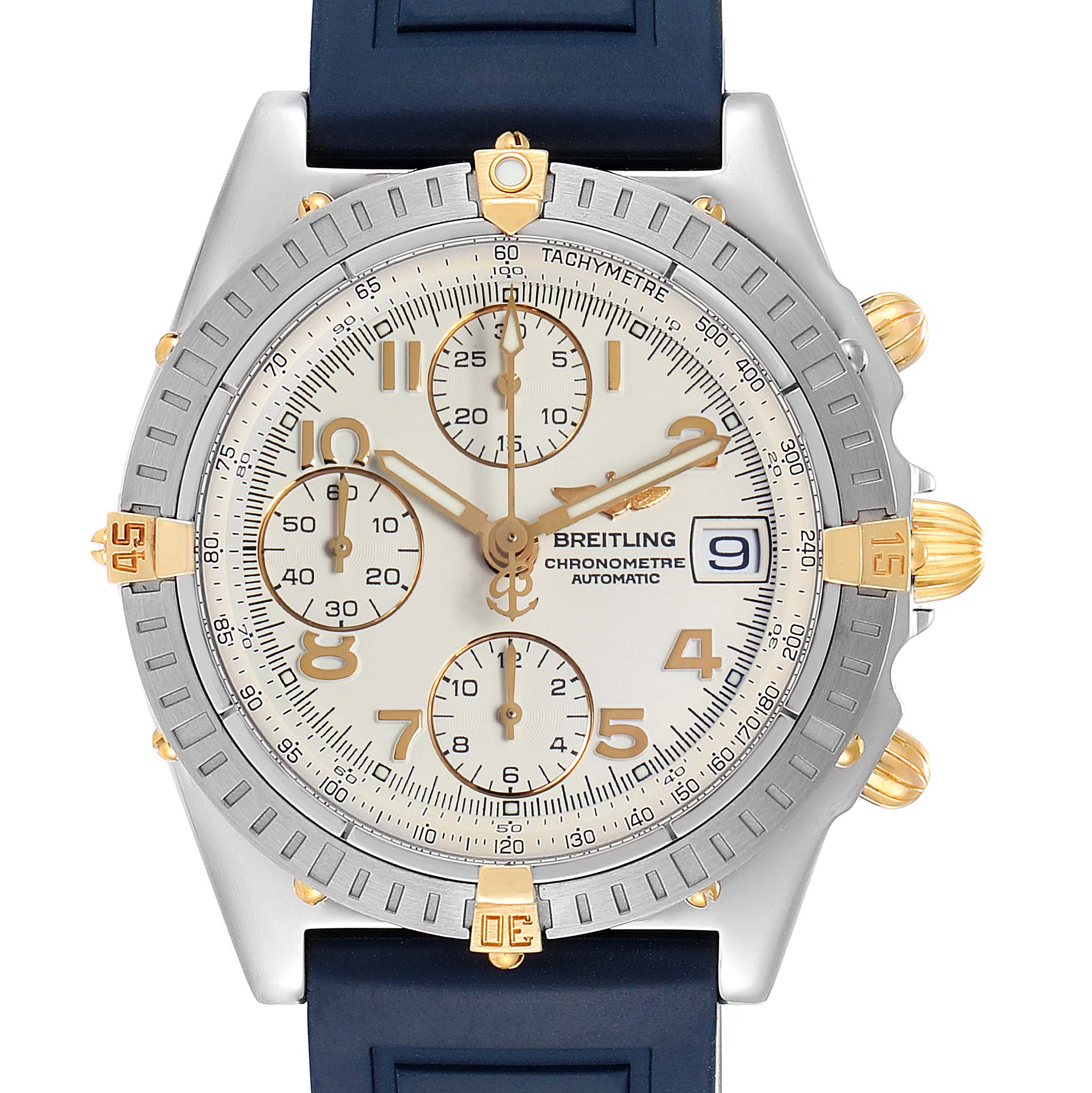 The image shows a front view of the Breitling Chronomat B13352 Men's Steel and Gold (two tone) White Dial B13352 Men's Steel and Gold (two tone) White Dial watch, displaying the dial, bezel, and part of the strap.