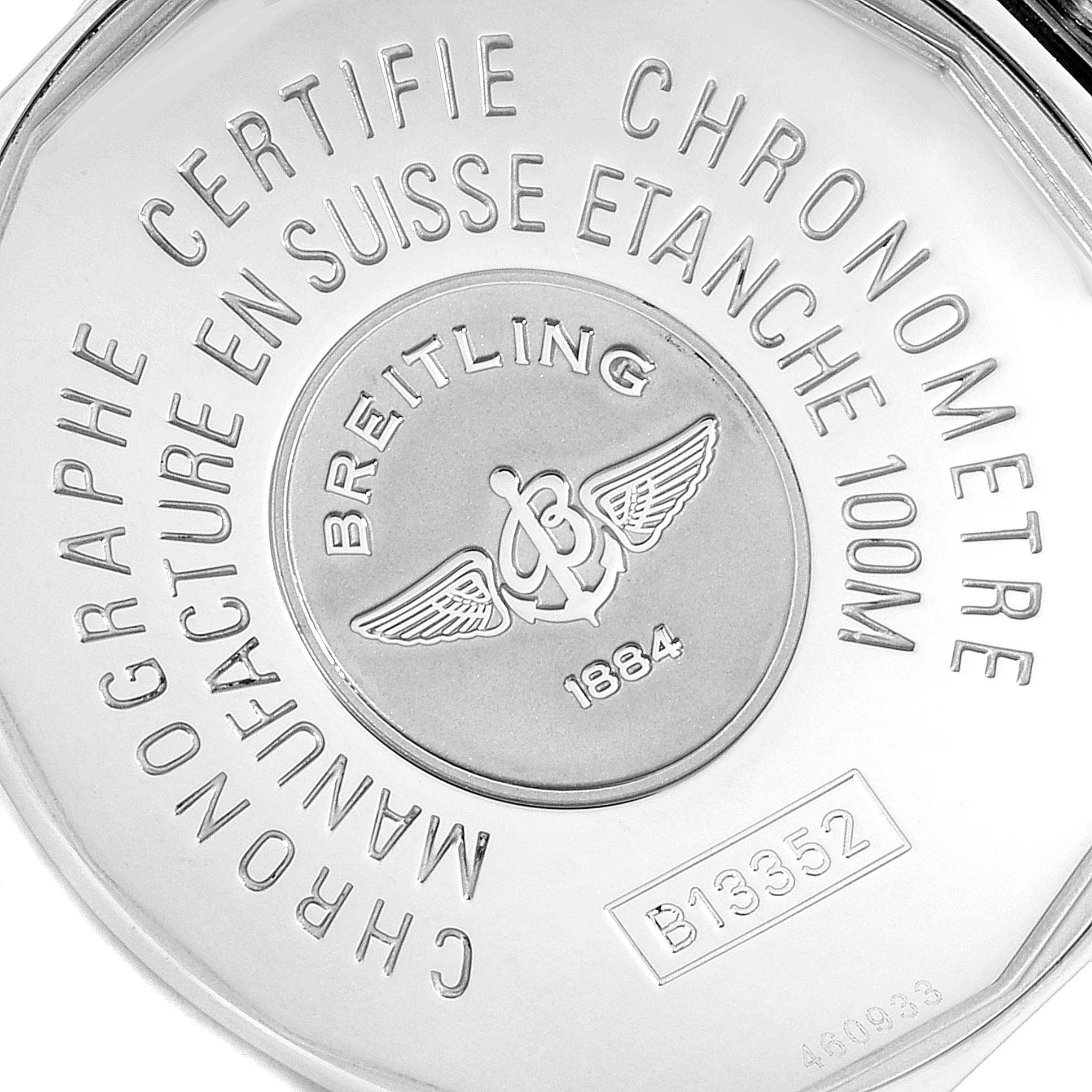 The image shows the back case of a Breitling Chronomat B13352 Men's Steel and Gold (two tone) White Dial B13352 Men's Steel and Gold (two tone) White Dial watch, highlighting the brand engraving and water resistance details.