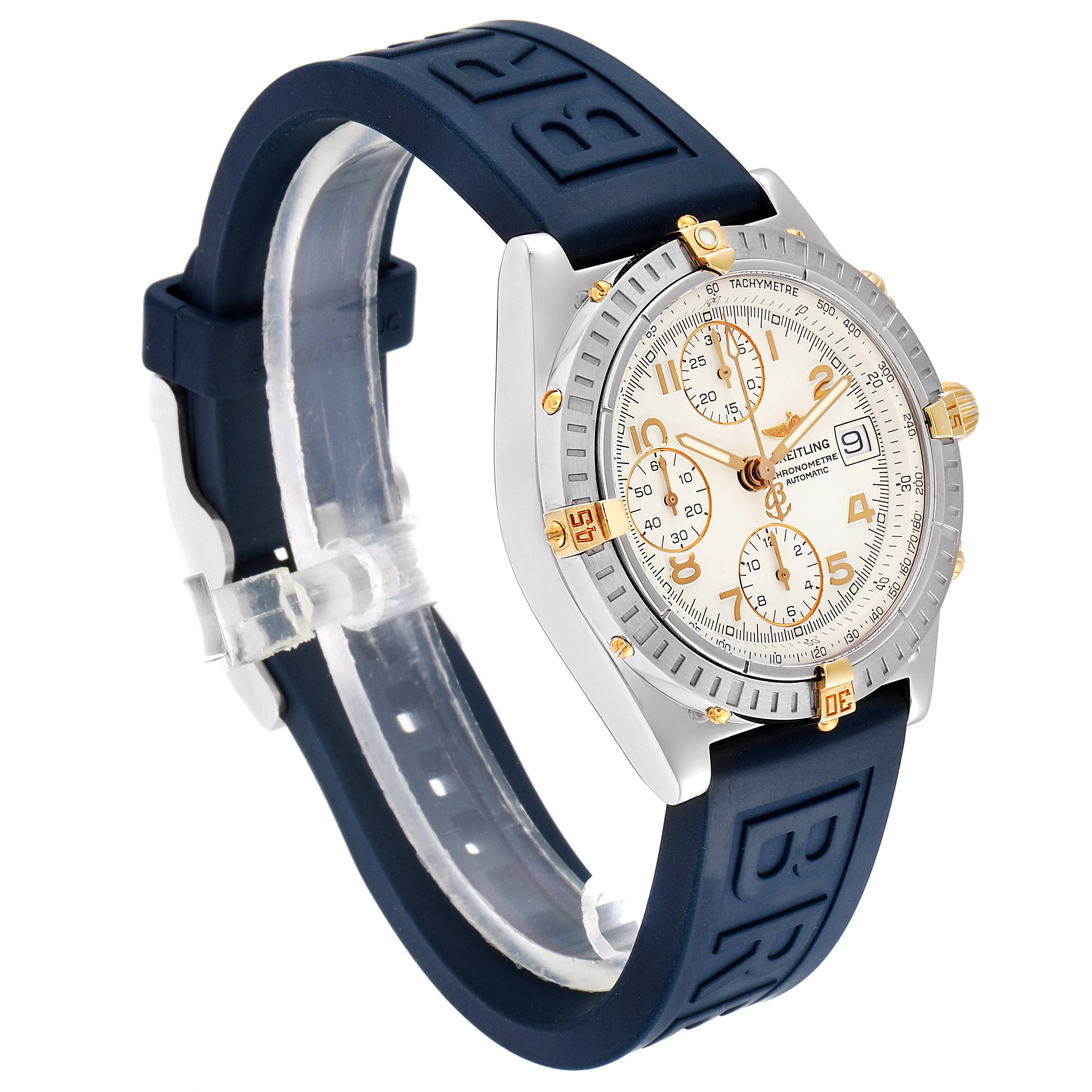 The image shows a Breitling Chronomat B13352 Men's Steel and Gold (two tone) White Dial B13352 Men's Steel and Gold (two tone) White Dial watch at a three-quarter angle, featuring the dial, bezel, and rubber strap.