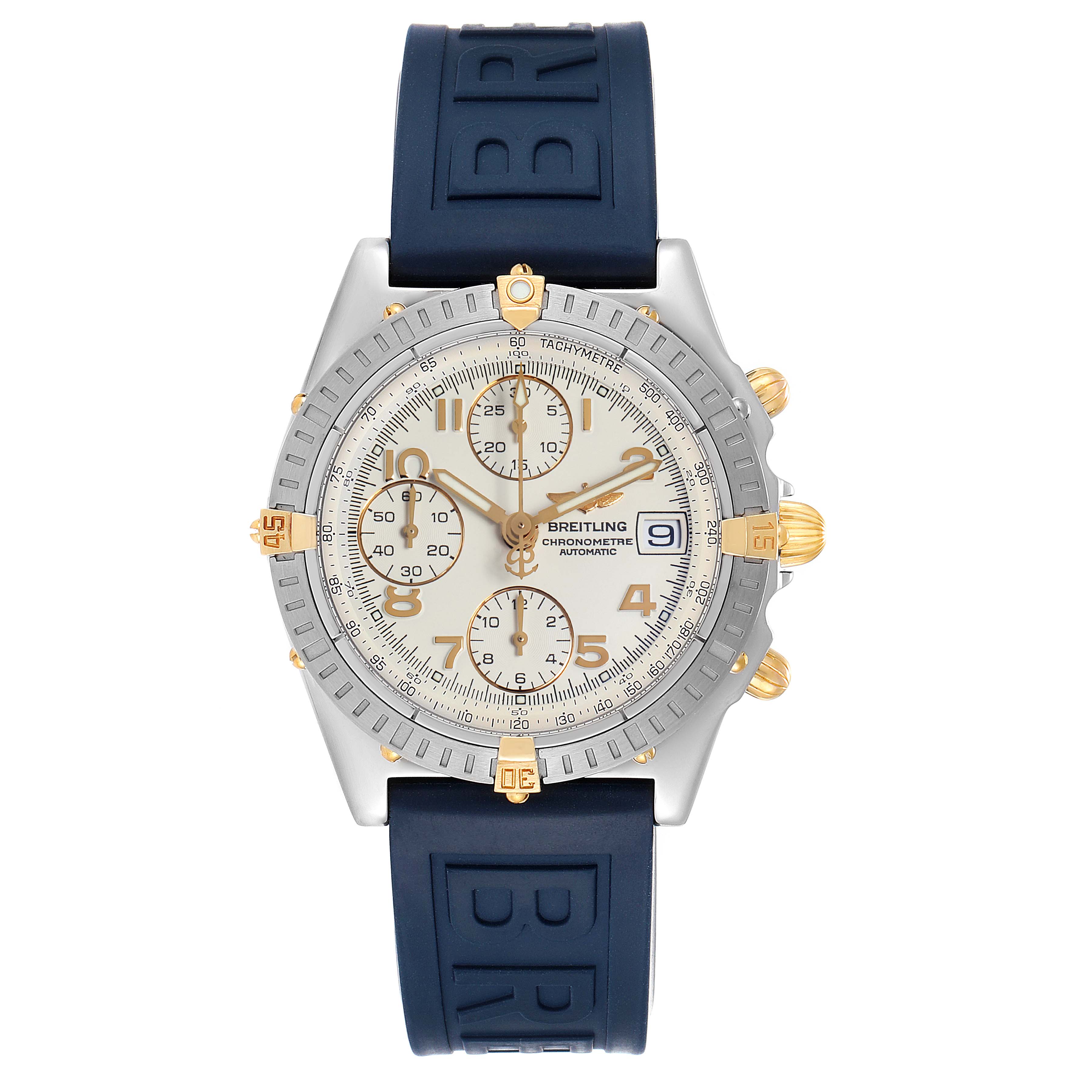 This image shows a front view of a Breitling Chronomat B13352 Men's Steel and Gold (two tone) White Dial B13352 Men's Steel and Gold (two tone) White Dial watch, displaying the face, bezel, pushers, and blue rubber strap.