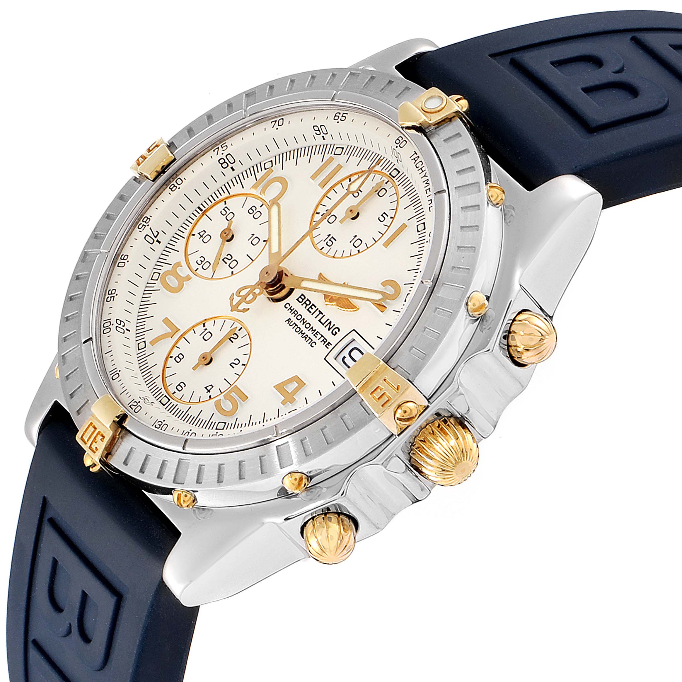 The Breitling Chronomat B13352 Men's Steel and Gold (two tone) White Dial B13352 Men's Steel and Gold (two tone) White Dial watch is shown at a three-quarter angle, highlighting its dial, chronographs, bezel, crown, pushers, and black strap.