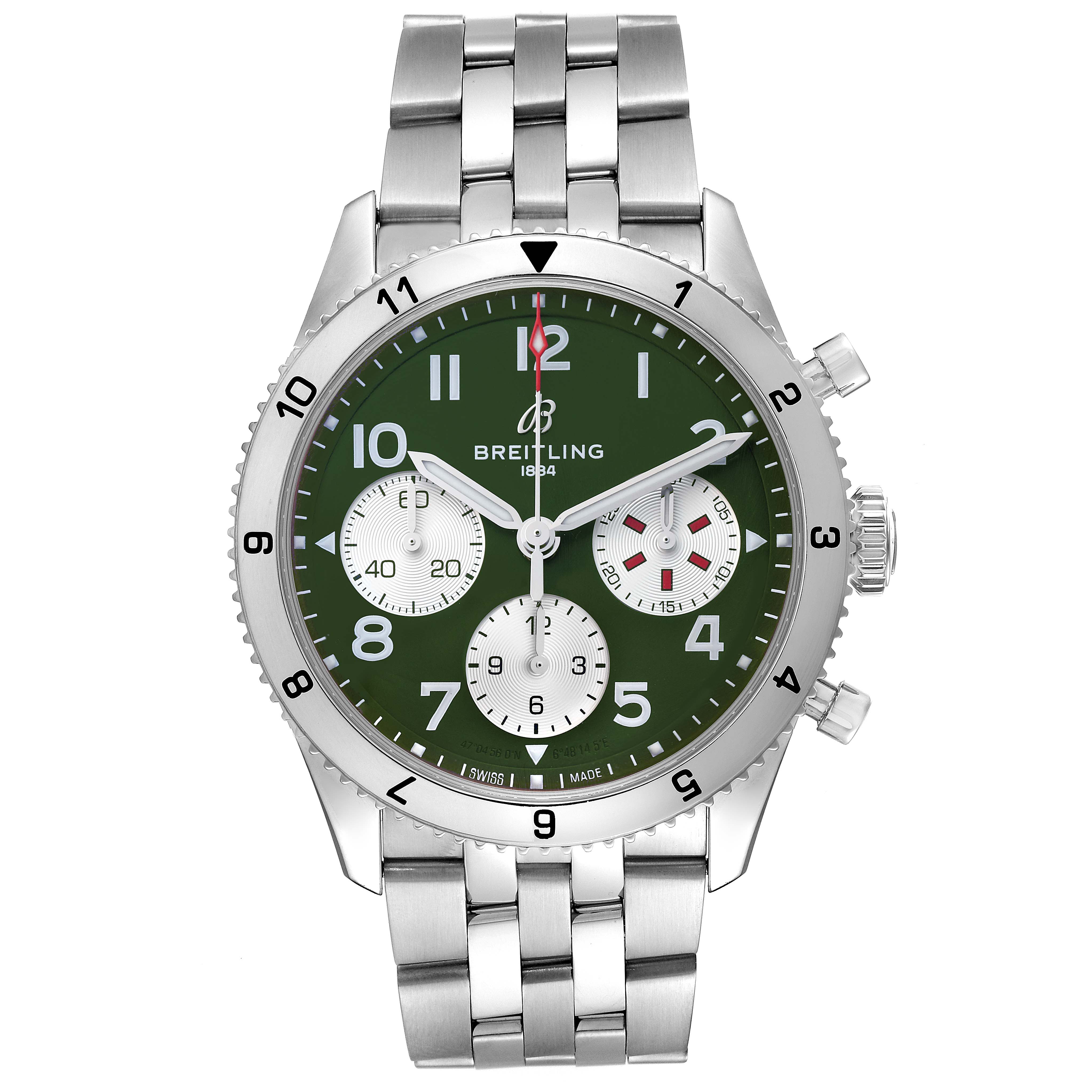 The image shows a Breitling Aviator A23380 Men's Stainless Steel Green Dial A23380 Men's Stainless Steel Green Dial watch from a front view, featuring a green dial, silver case, and stainless steel bracelet.