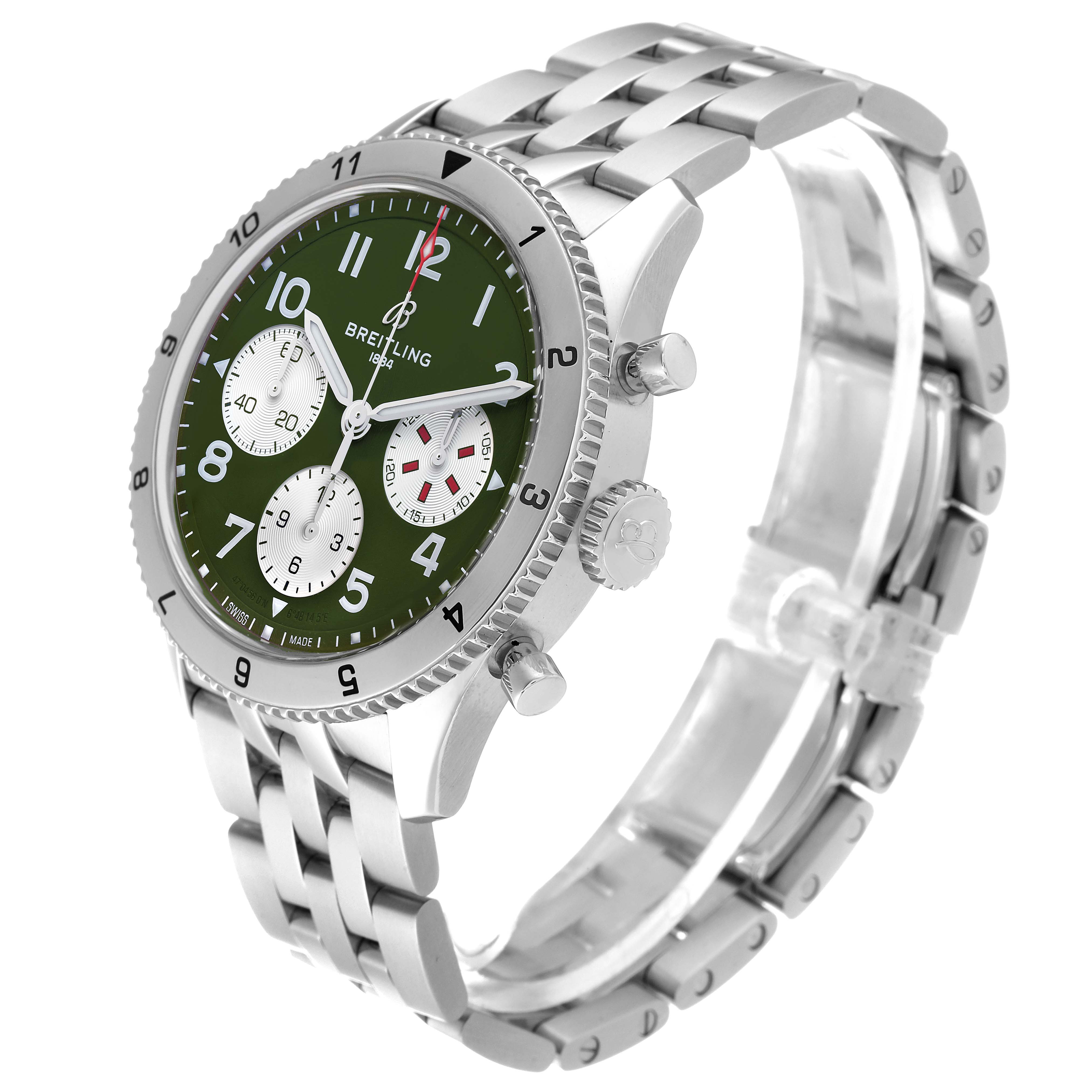 The image shows a side angle of the Breitling Aviator A23380 Men's Stainless Steel Green Dial A23380 Men's Stainless Steel Green Dial model watch, highlighting its green dial, chronograph functions, and metal bracelet.