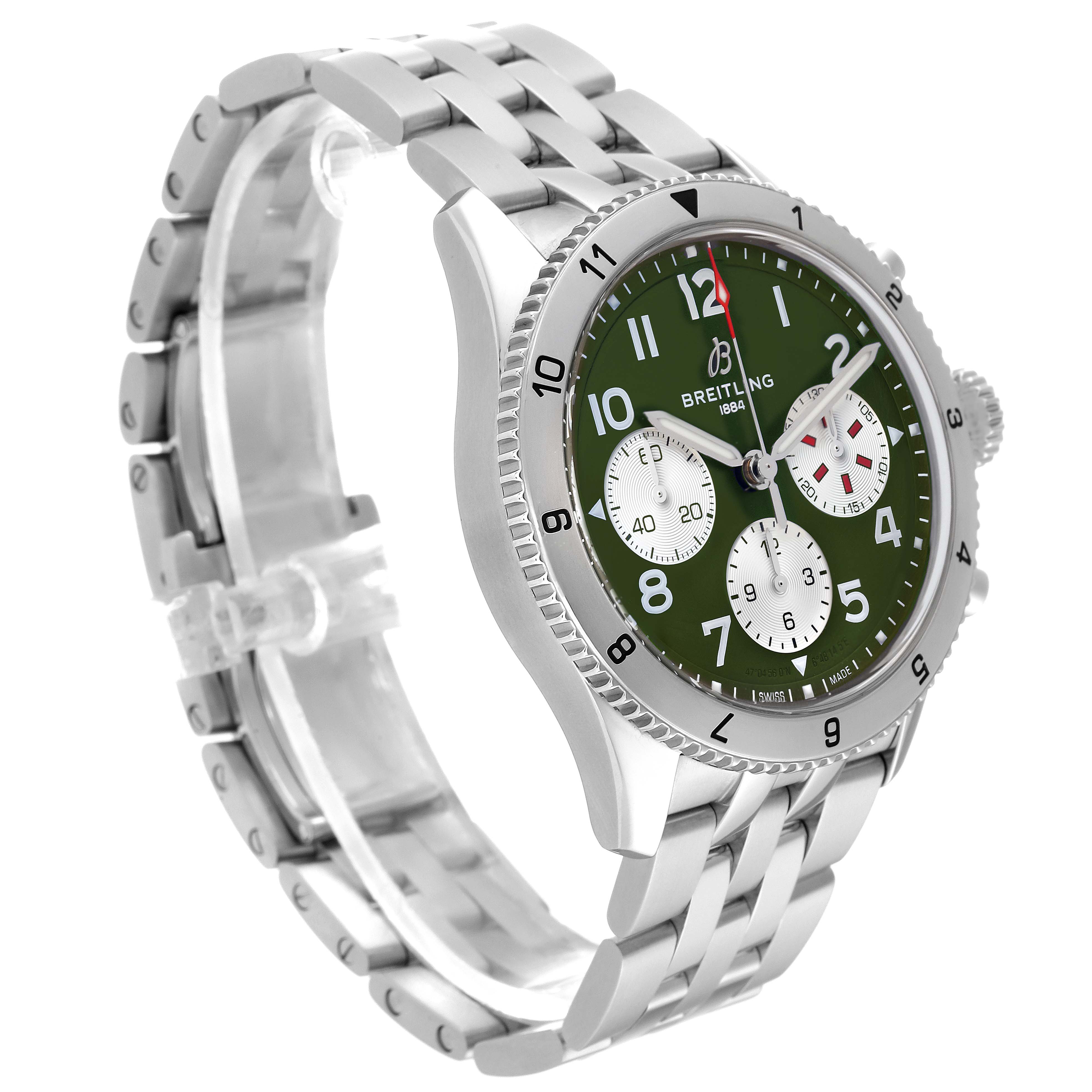 The Breitling Aviator A23380 Men's Stainless Steel Green Dial A23380 Men's Stainless Steel Green Dial model watch is shown from a three-quarter angle, displaying its green dial, silver bracelet, and bezel.