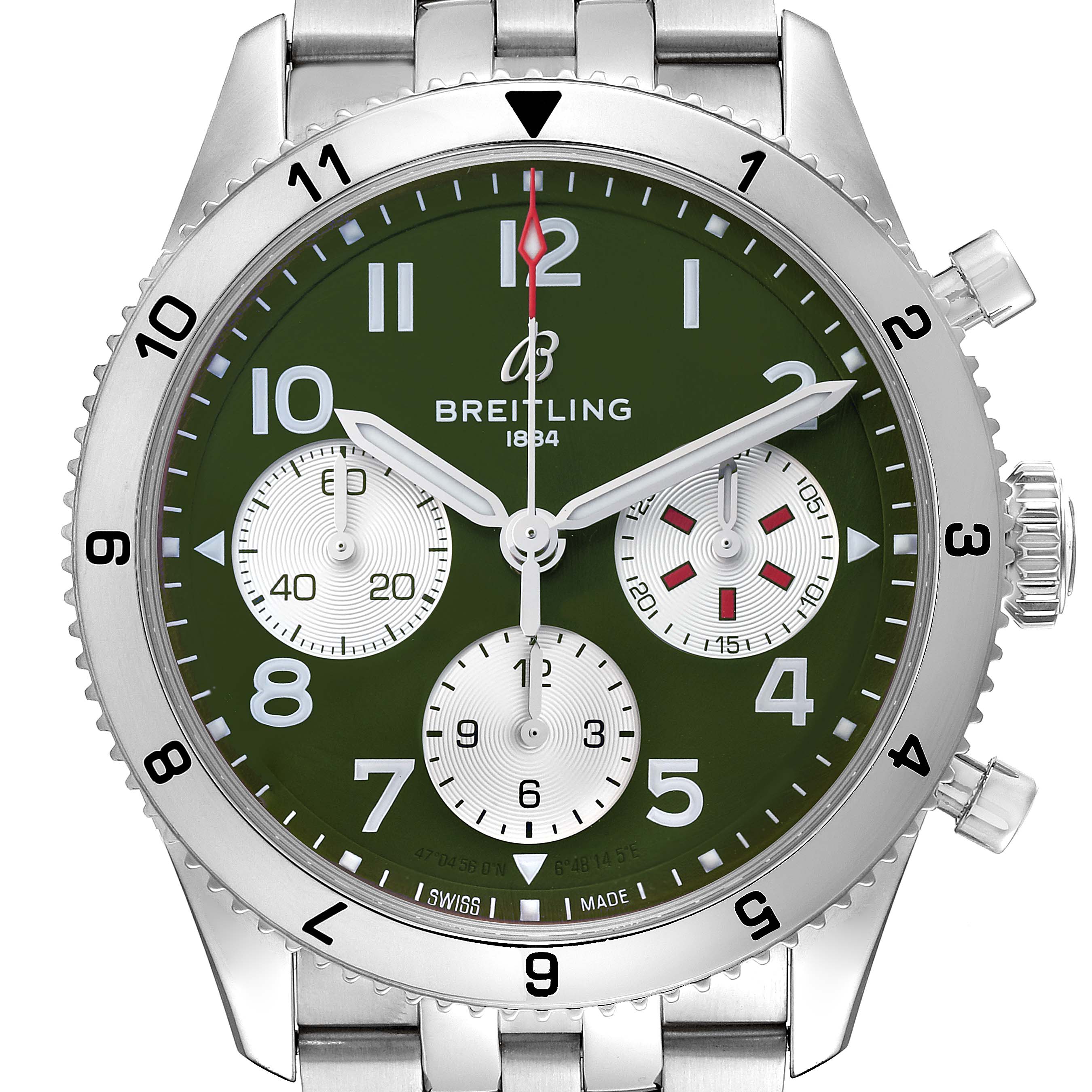 The image shows a frontal view of the Breitling Aviator A23380 Men's Stainless Steel Green Dial A23380 Men's Stainless Steel Green Dial watch, highlighting its green dial, chronograph sub-dials, and stainless steel bracelet.