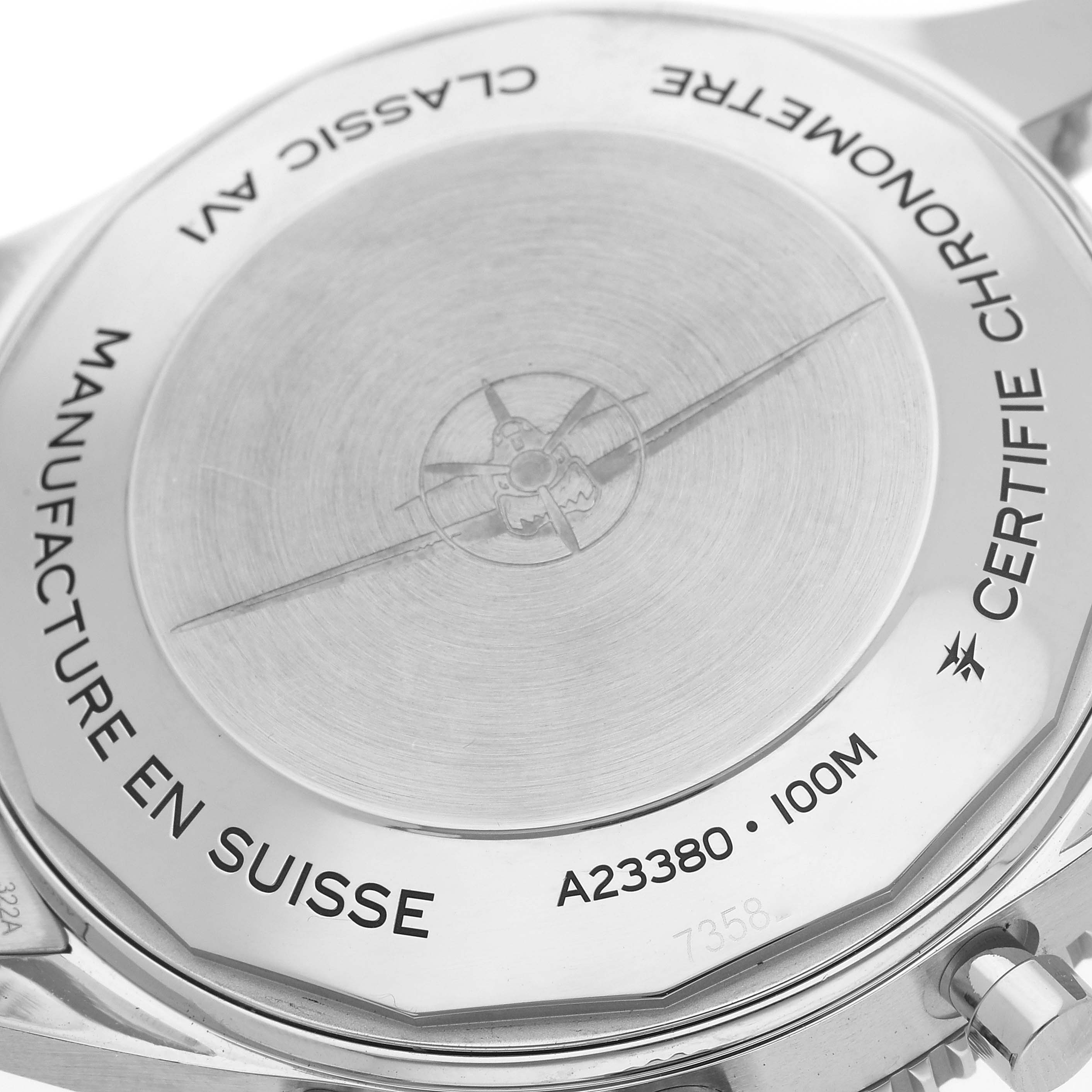 The image shows the back case of the Breitling Aviator A23380 Men's Stainless Steel Green Dial A23380 Men's Stainless Steel Green Dial watch, highlighting engravings and model details.