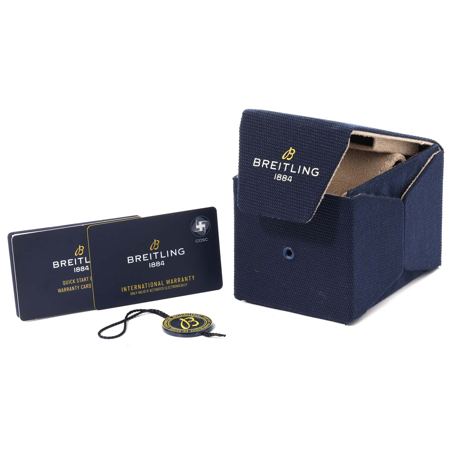 The image shows the Breitling Aviator A23380 Men's Stainless Steel Green Dial A23380 Men's Stainless Steel Green Dial watch's packaging, including the warranty card, quick start manual, and storage box.