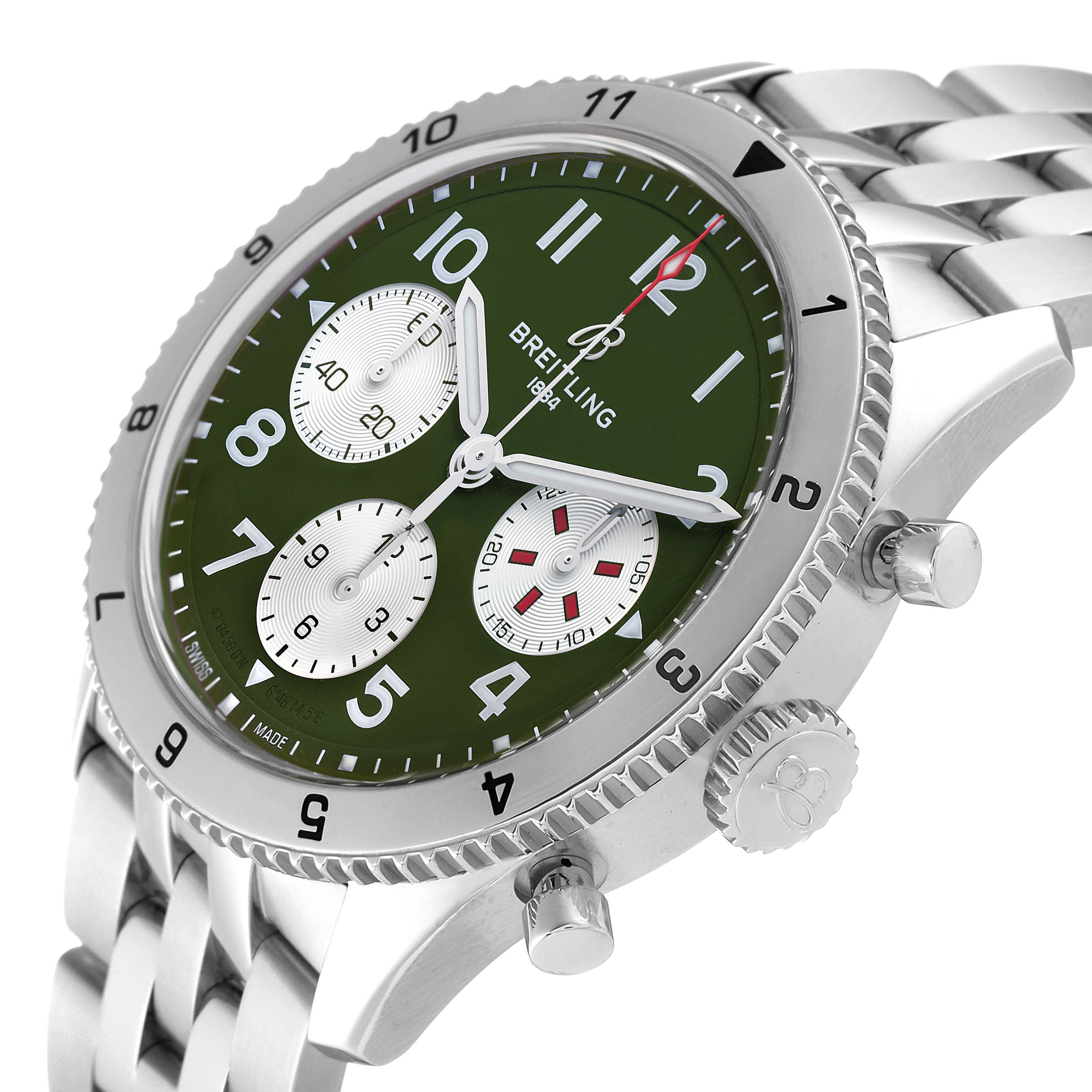 The image shows a close-up angled view of the Breitling Aviator A23380 Men's Stainless Steel Green Dial A23380 Men's Stainless Steel Green Dial watch, featuring its green dial, chronograph subdials, and stainless steel bracelet.