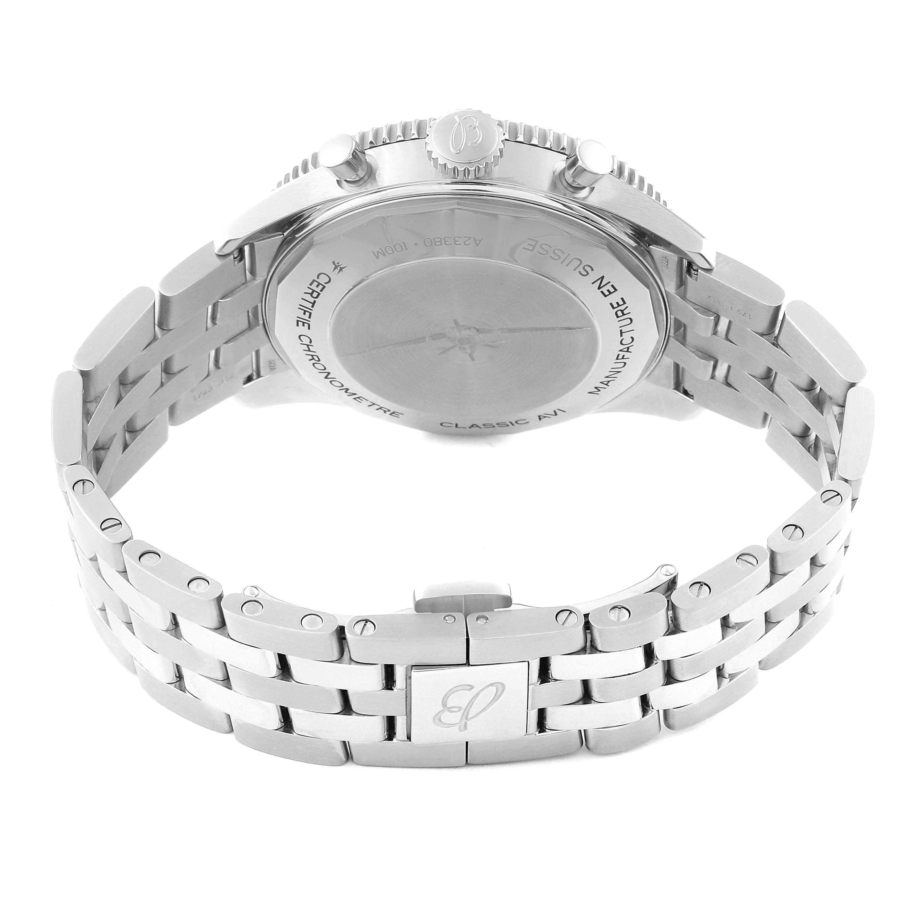 The image shows the backside, clasp, and bracelet of a Breitling Aviator A23380 Men's Stainless Steel Green Dial A23380 Men's Stainless Steel Green Dial watch.