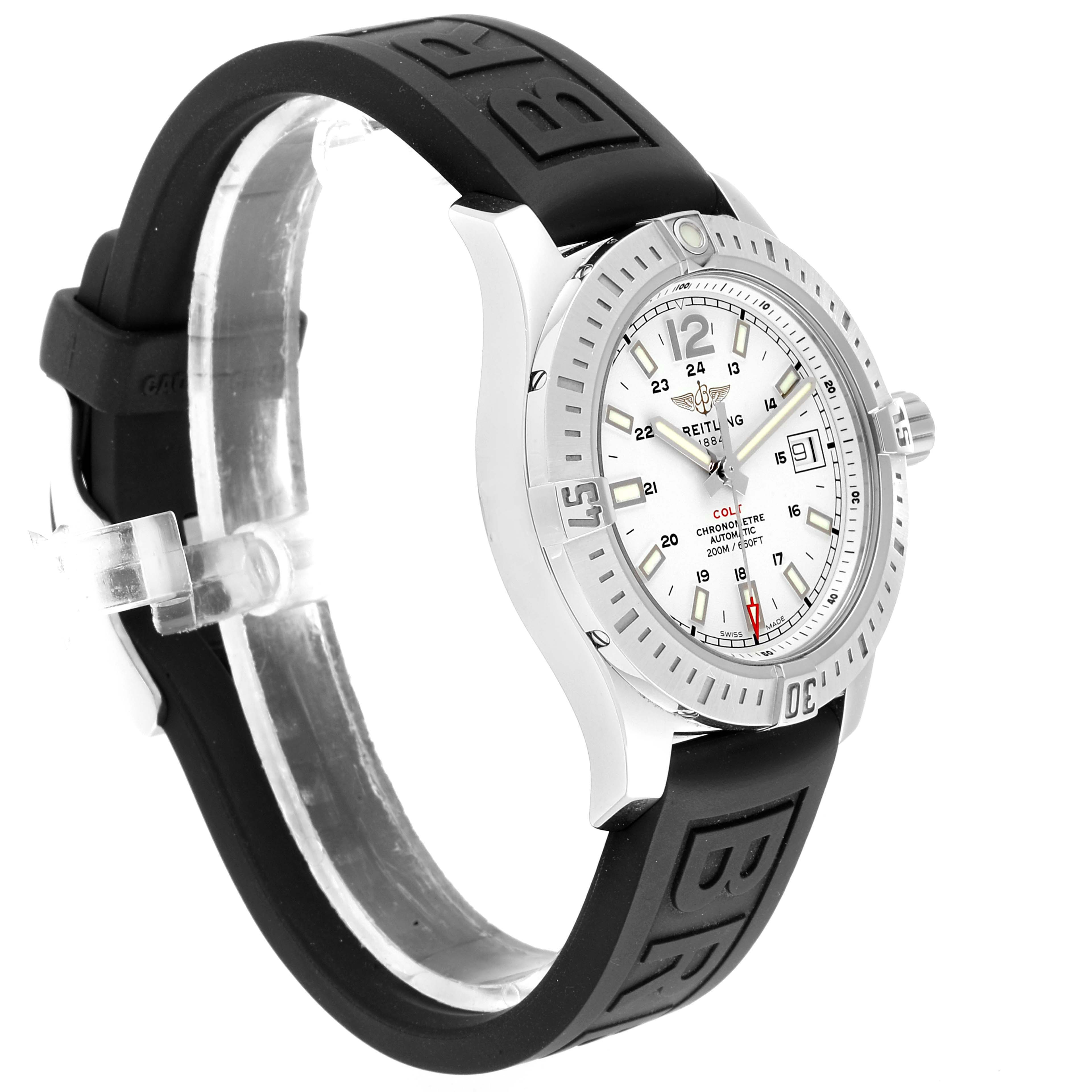 The image shows a Breitling Colt A17313 Men
s Stainless Steel White Dial A17313 Men
s Stainless Steel White Dial model watch at a side angle, highlighting its face, bezel, and black strap.