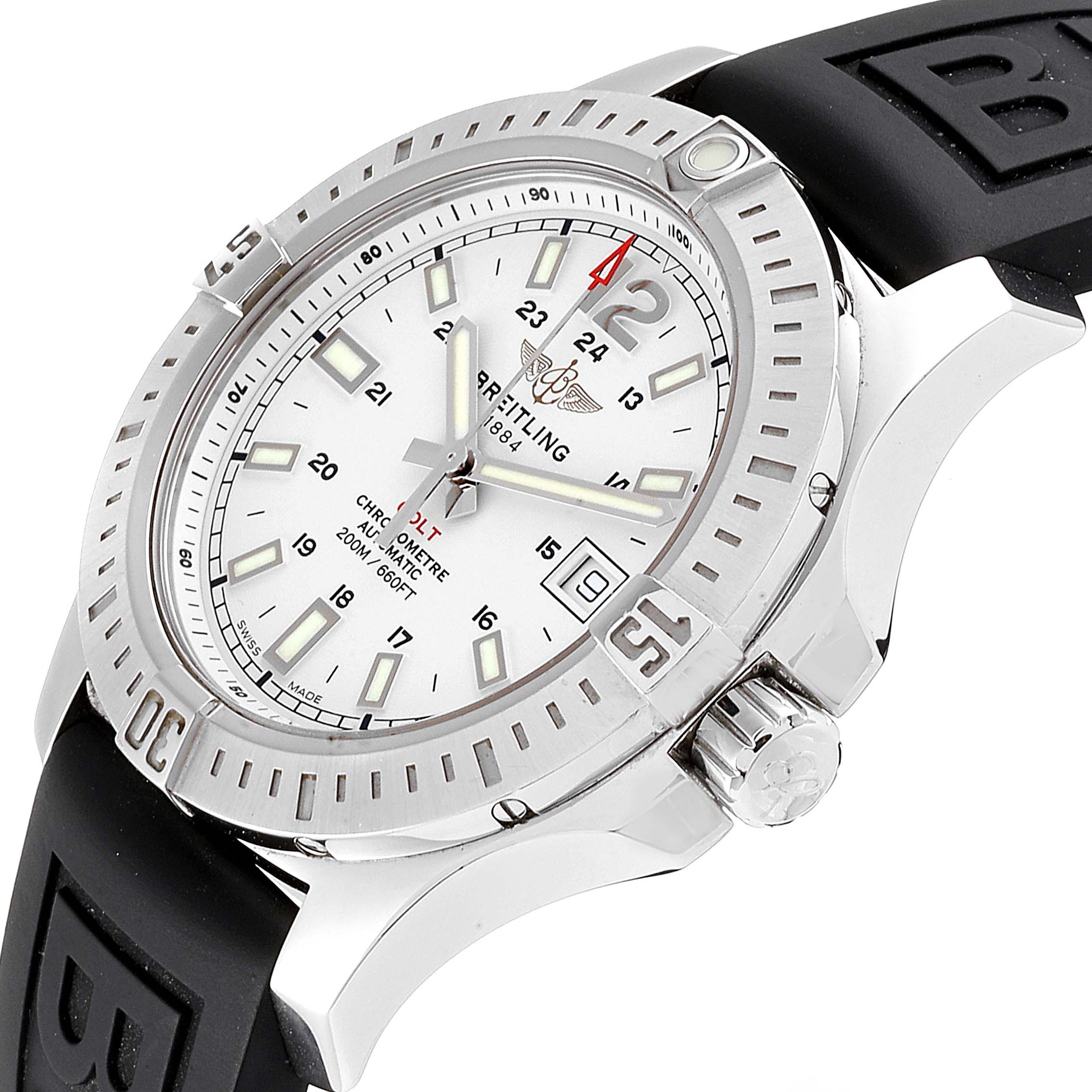This Breitling Colt A17313 Men
s Stainless Steel White Dial A17313 Men
s Stainless Steel White Dial watch image shows a close-up angle focusing on the dial, bezel, and part of the strap and crown.