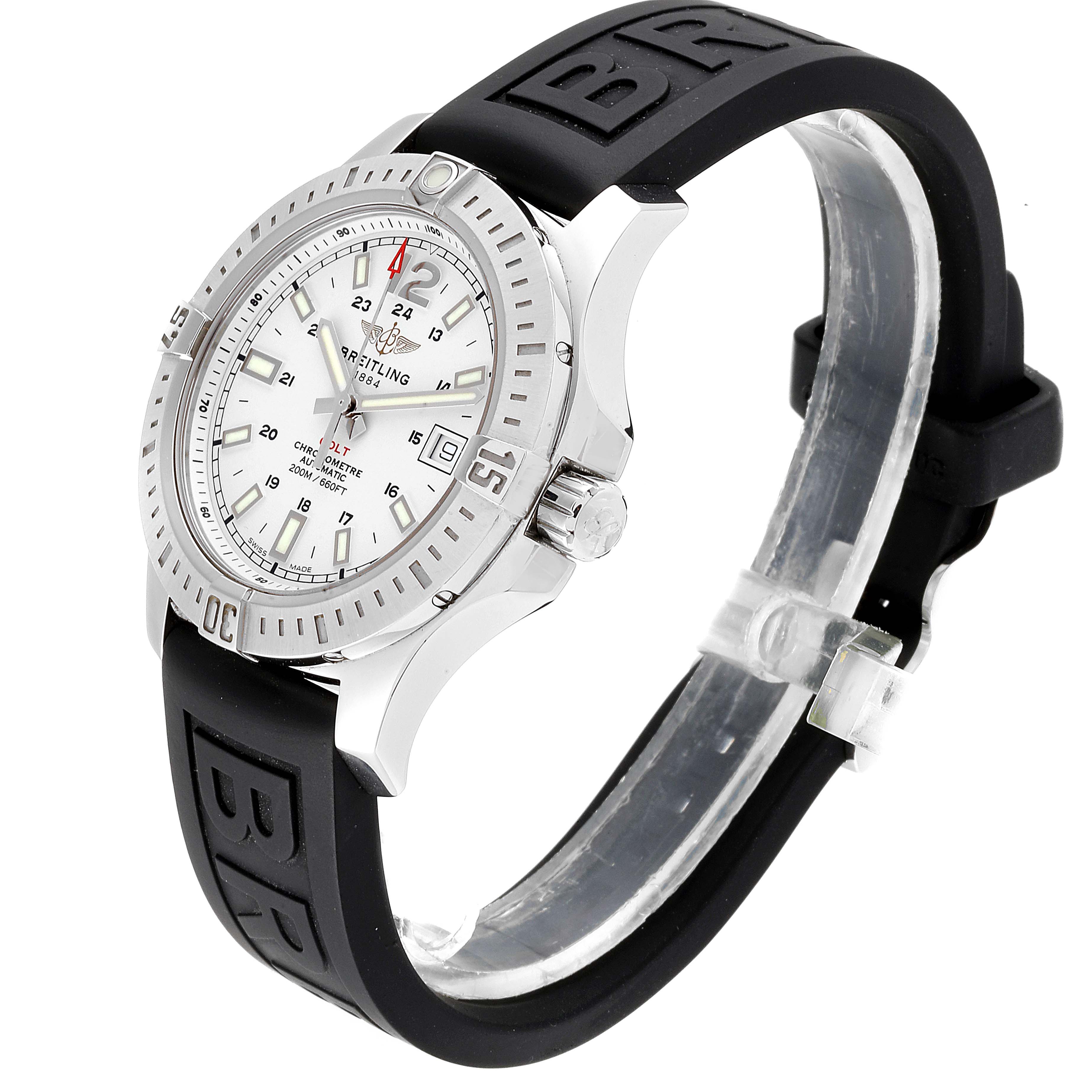 This image shows a Breitling Colt A17313 Men
s Stainless Steel White Dial A17313 Men
s Stainless Steel White Dial watch at a three-quarter angle, displaying the face, bezel, and black rubber strap.
