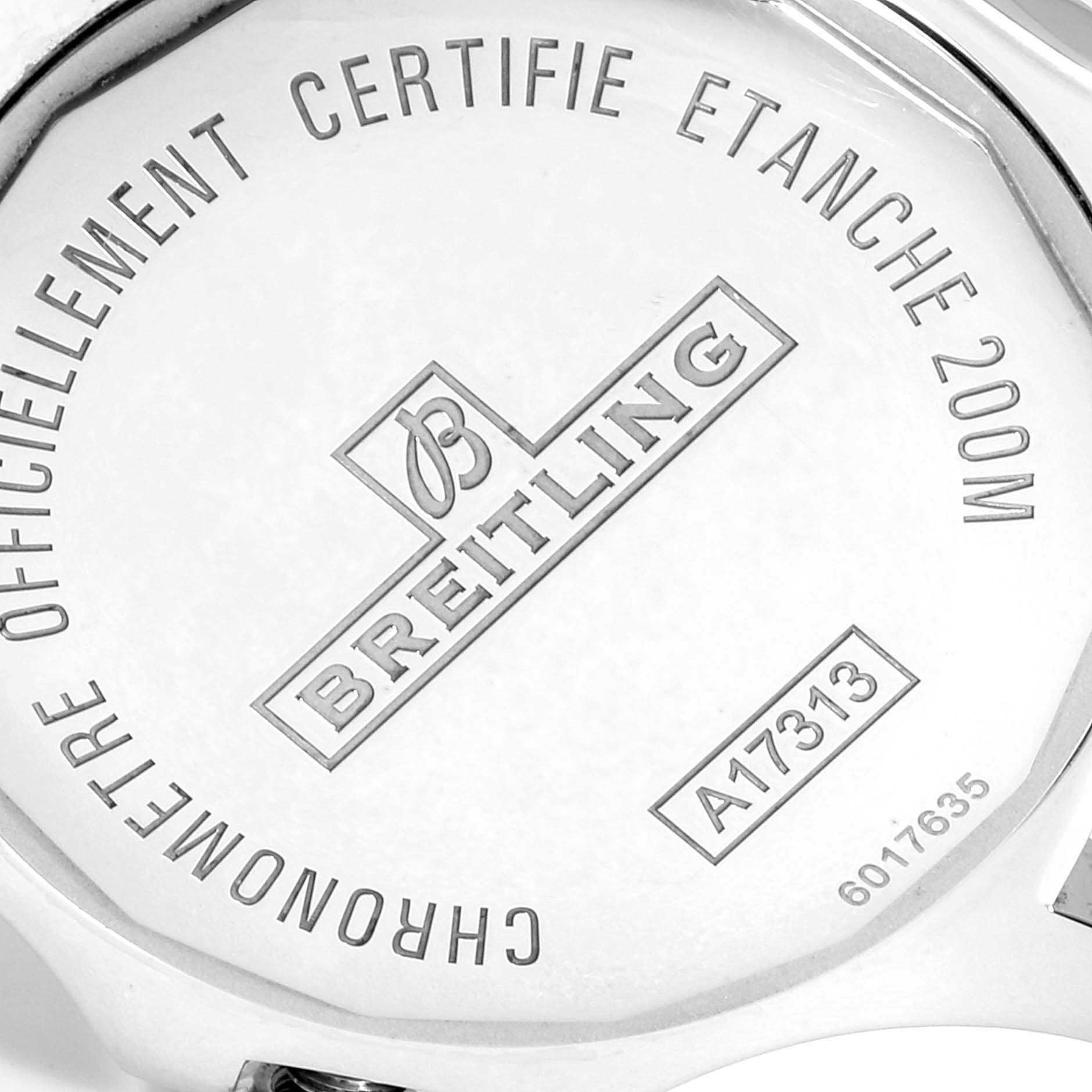 The image shows the back case of a Breitling Colt A17313 Men
s Stainless Steel White Dial A17313 Men
s Stainless Steel White Dial watch with brand engraving and technical details.