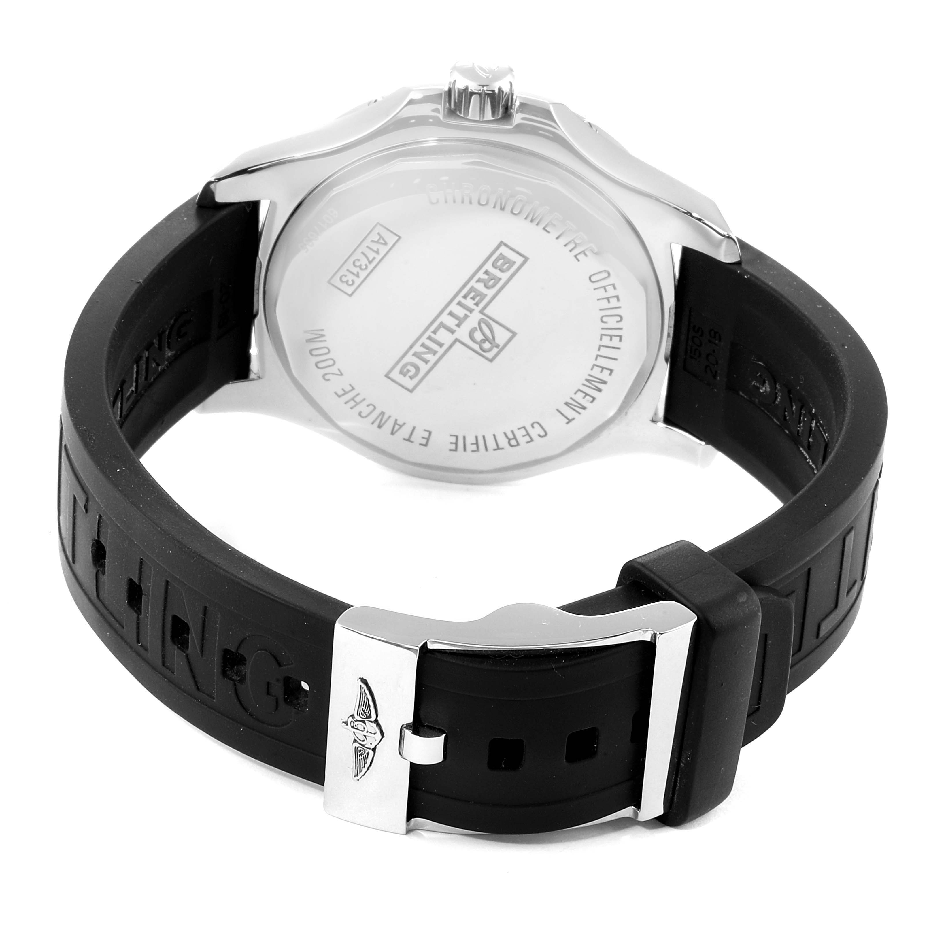 The image shows the back view of the Breitling Colt A17313 Men
s Stainless Steel White Dial A17313 Men
s Stainless Steel White Dial watch, highlighting the case back, crown, and rubber strap with a buckle.