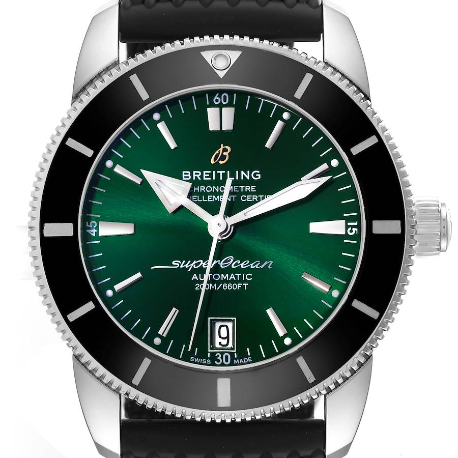 The image shows a front view of a Breitling Superocean watch, displaying its green dial, bezel, and part of its strap.