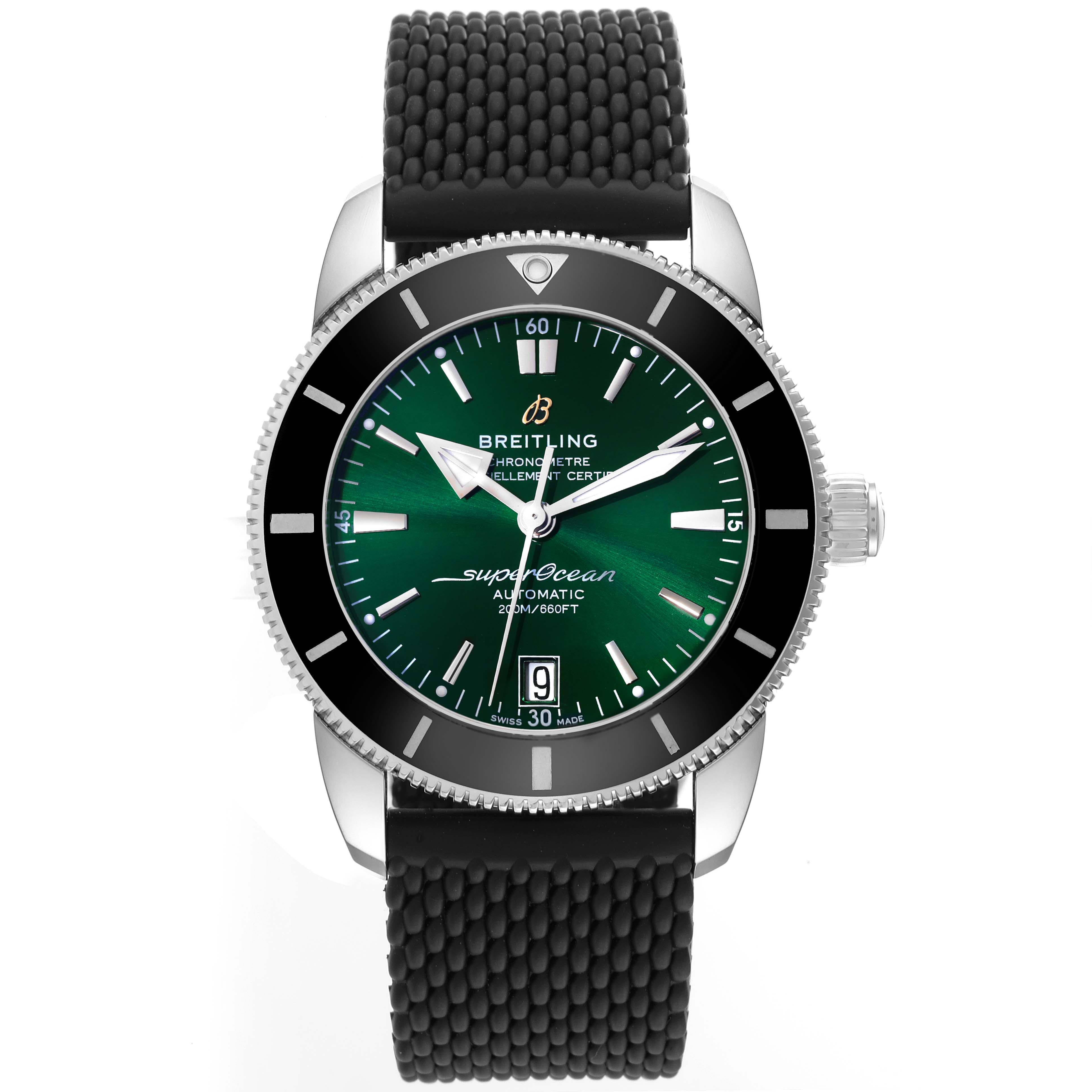 The Breitling Superocean AB2010 Men's Stainless Steel Green Dial AB2010 Men's Stainless Steel Green Dial model watch is shown from the front, displaying its face, bezel, strap, and crown.