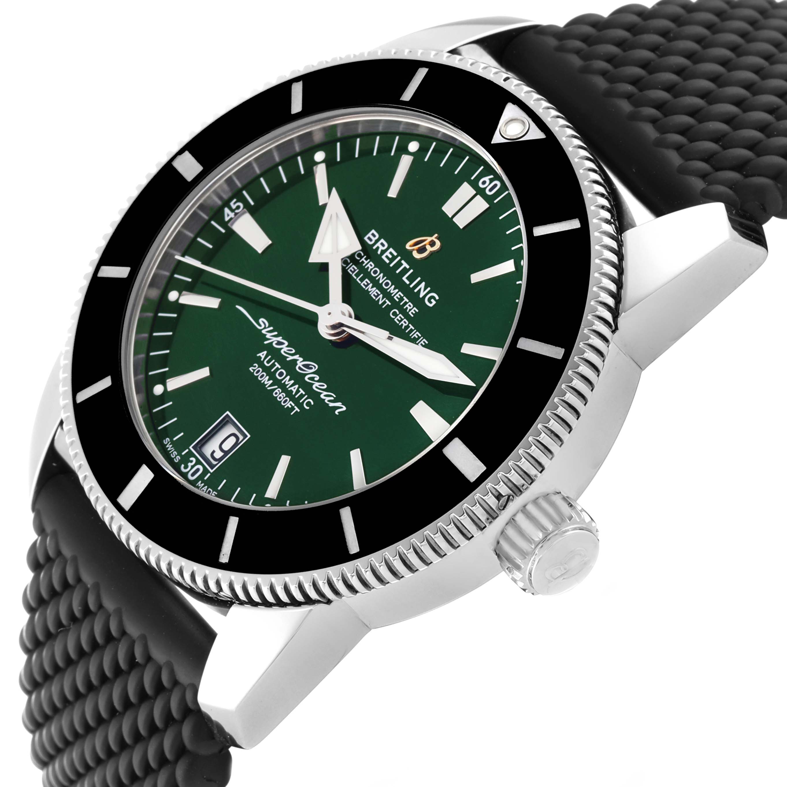 The image shows a side angle of the Breitling Superocean AB2010 Men's Stainless Steel Green Dial AB2010 Men's Stainless Steel Green Dial watch, highlighting the crown, bezel, and dial.