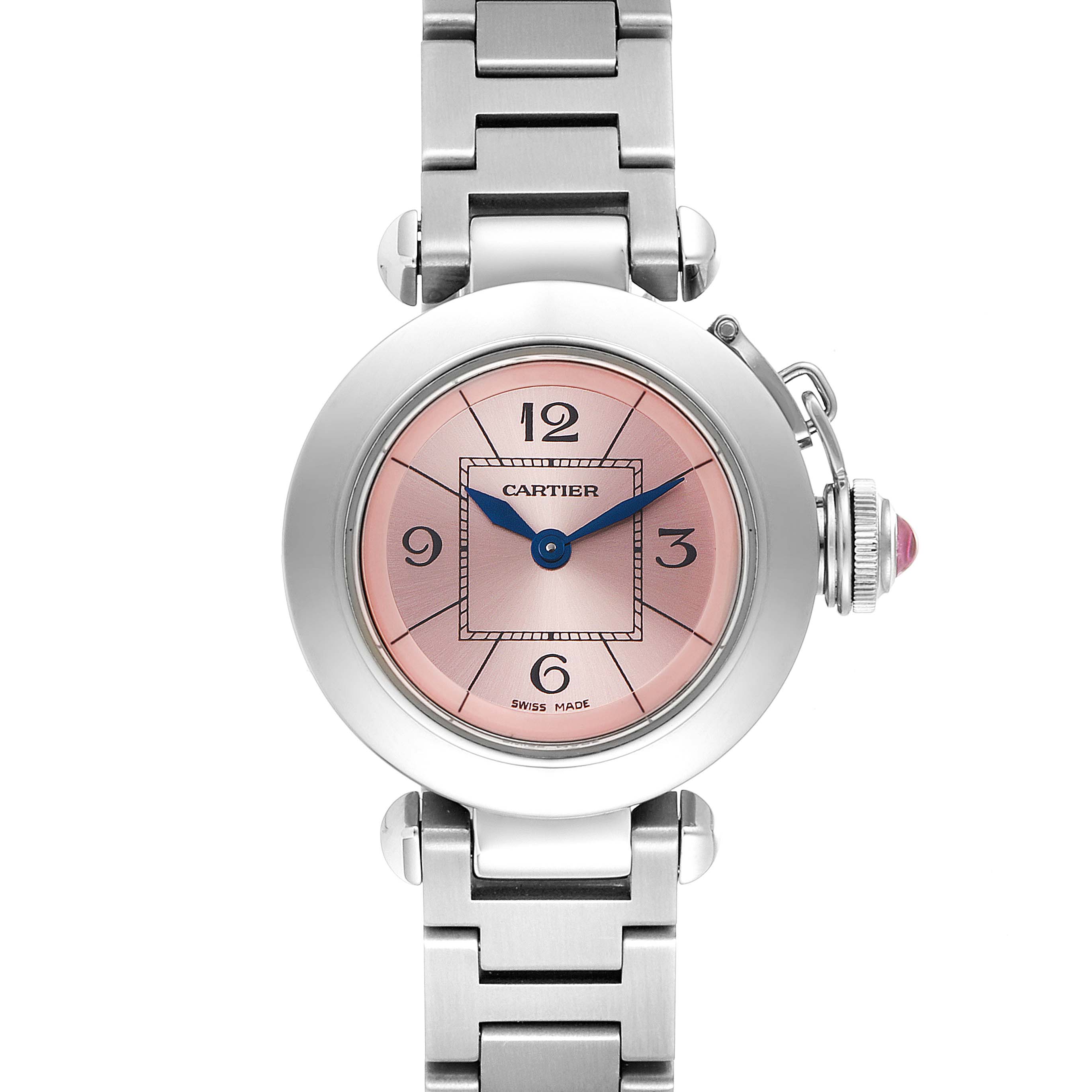 The image shows a front view of the Cartier Pasha W3140008 Women's Stainless Steel Pink Dial W3140008 Women's Stainless Steel Pink Dial watch, highlighting the face, numerals, and part of the metal bracelet.