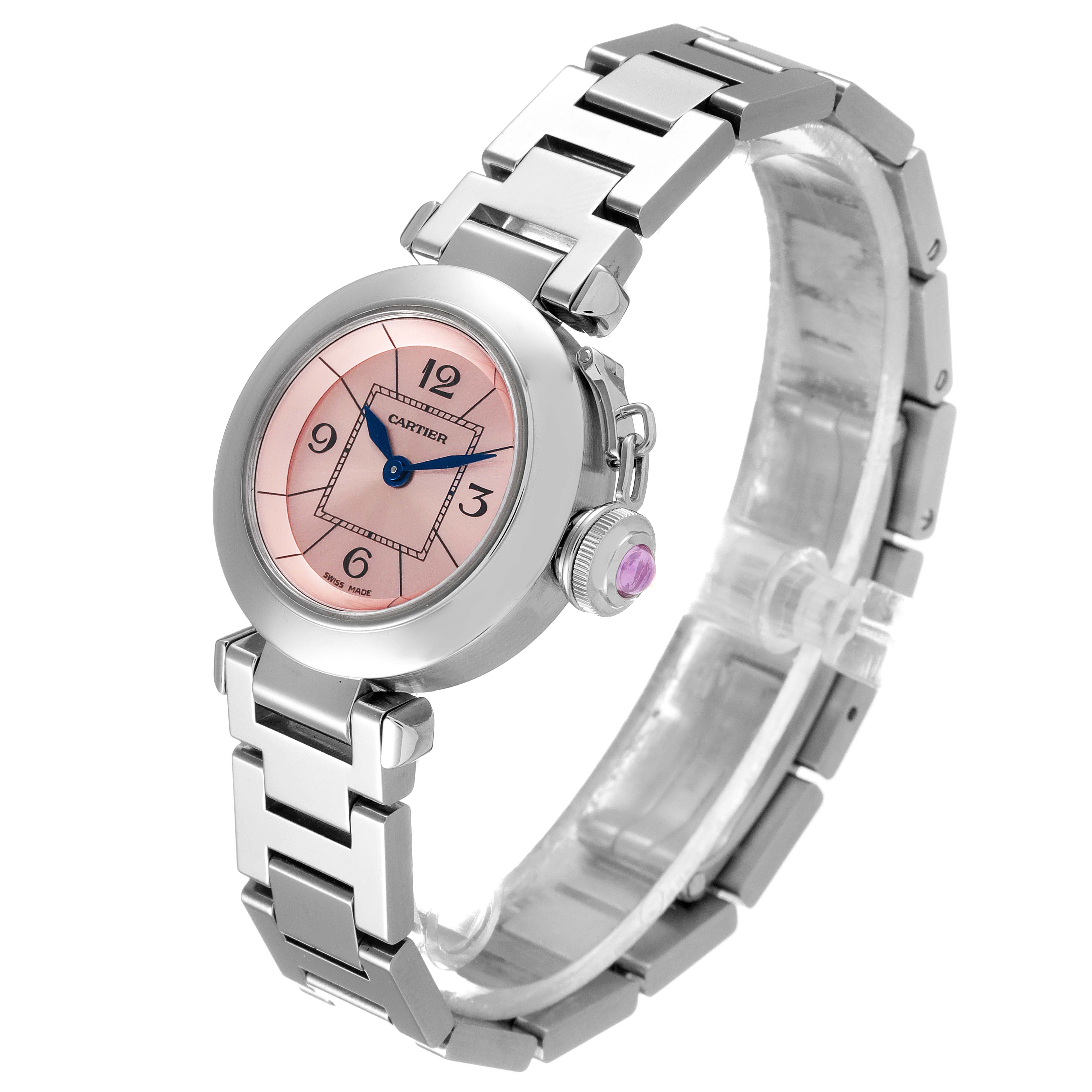 The image shows a Cartier Pasha W3140008 Women's Stainless Steel Pink Dial W3140008 Women's Stainless Steel Pink Dial watch at a slight angle, highlighting its pink dial, robust bezel, and metal link bracelet.