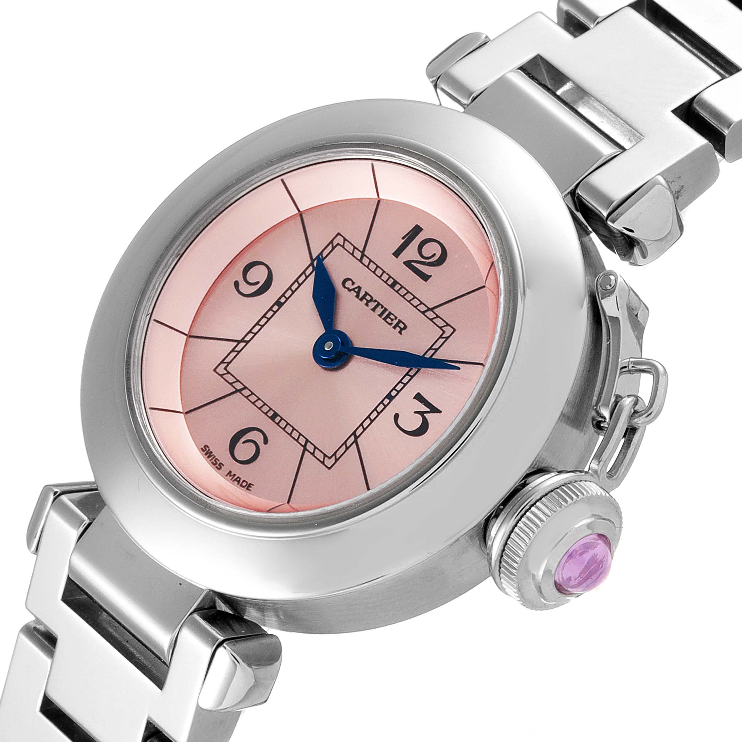 The image shows a side angle of the Cartier Pasha W3140008 Women's Stainless Steel Pink Dial W3140008 Women's Stainless Steel Pink Dial watch, highlighting its pink dial, blue hands, and metallic bracelet.