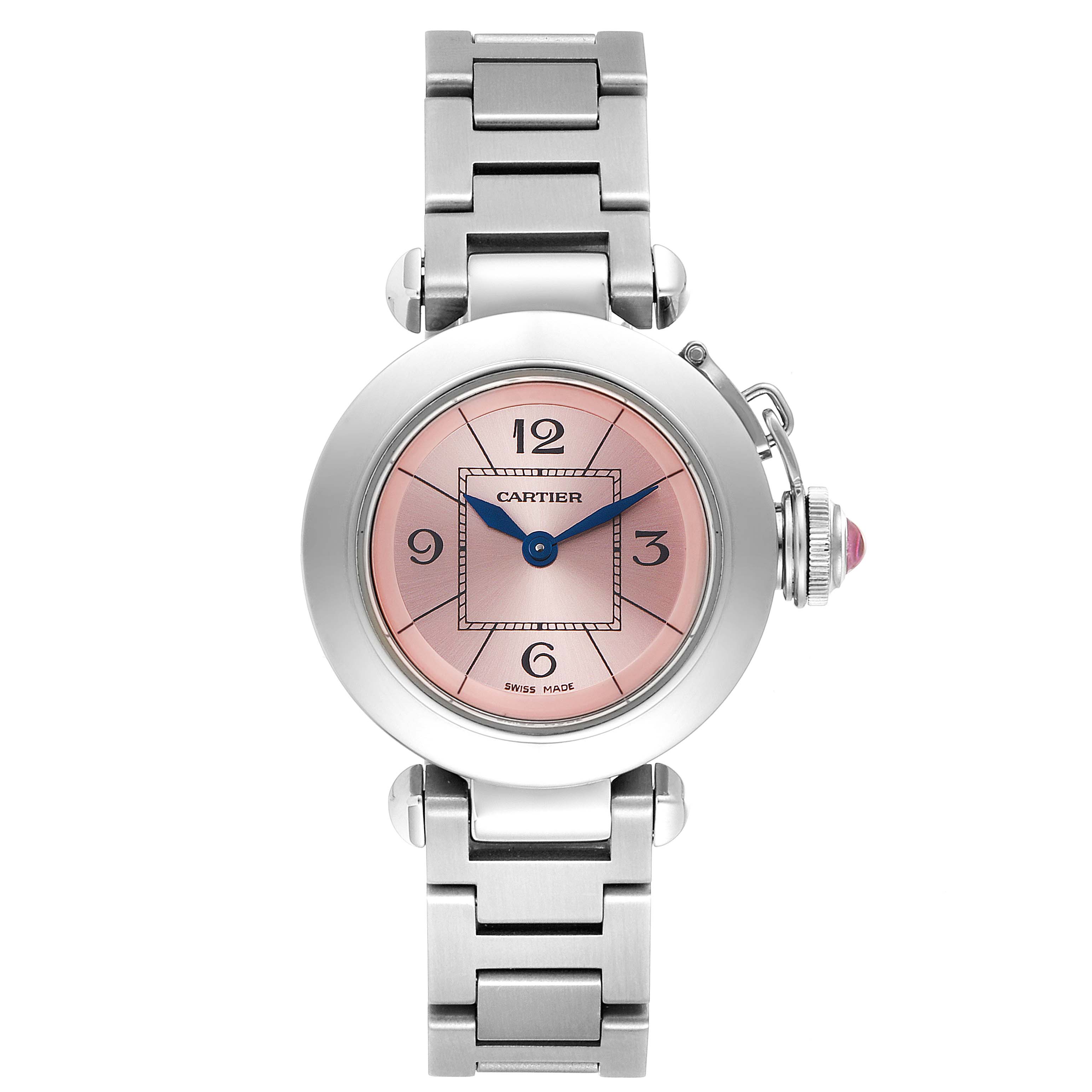 The image shows a frontal view of a Cartier Pasha W3140008 Women's Stainless Steel Pink Dial W3140008 Women's Stainless Steel Pink Dial watch, highlighting its pink dial, stainless steel case, and bracelet.