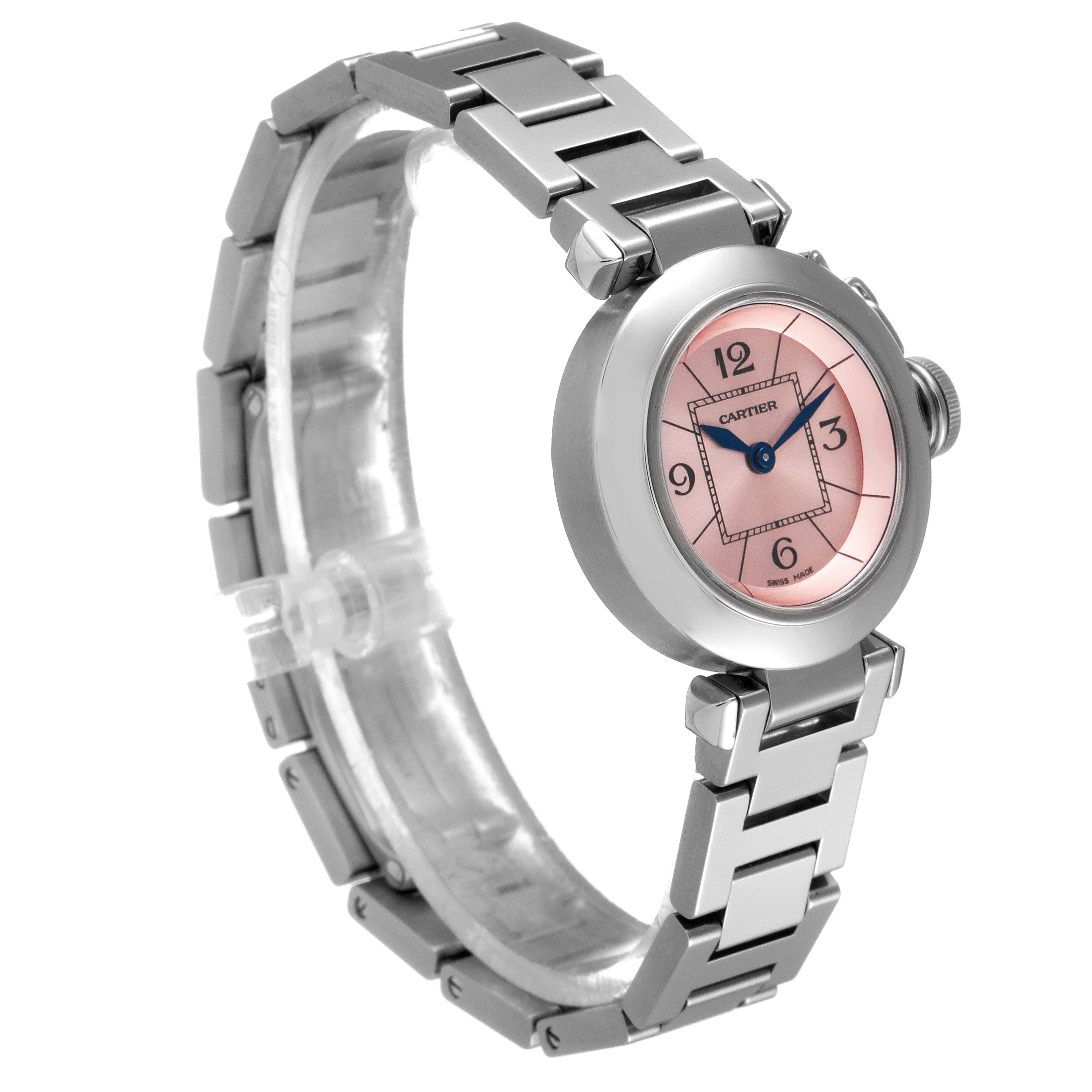 The image shows a side angle view of the Cartier Pasha W3140008 Women's Stainless Steel Pink Dial W3140008 Women's Stainless Steel Pink Dial watch, highlighting the bracelet and pink dial.