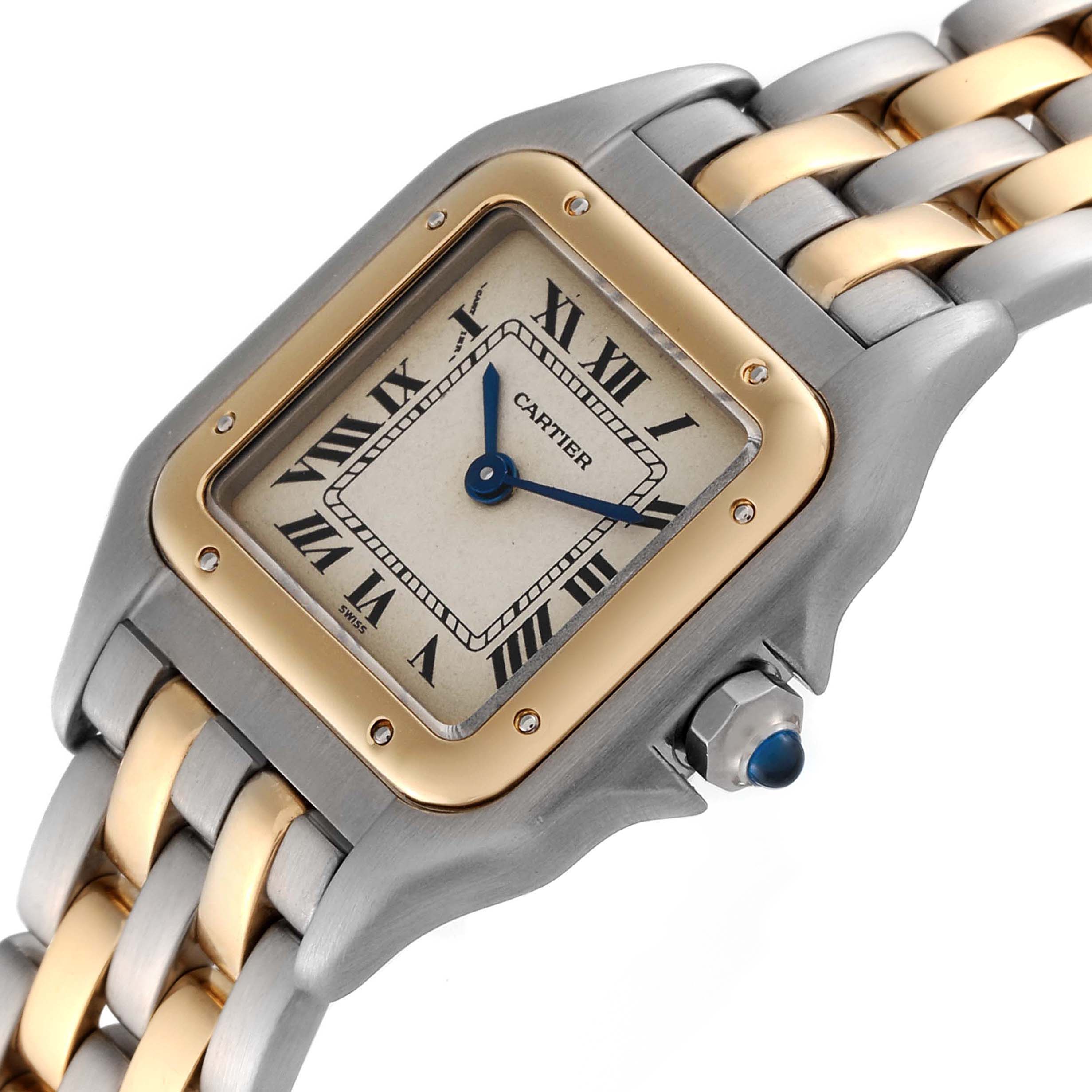 The image shows a Cartier Panthere W25029B6 Women
s Steel and Gold (two tone) Silver Dial W25029B6 Women
s Steel and Gold (two tone) Silver Dial watch at an angled close-up, highlighting the dial, bezel, crown, and part of the bracelet.