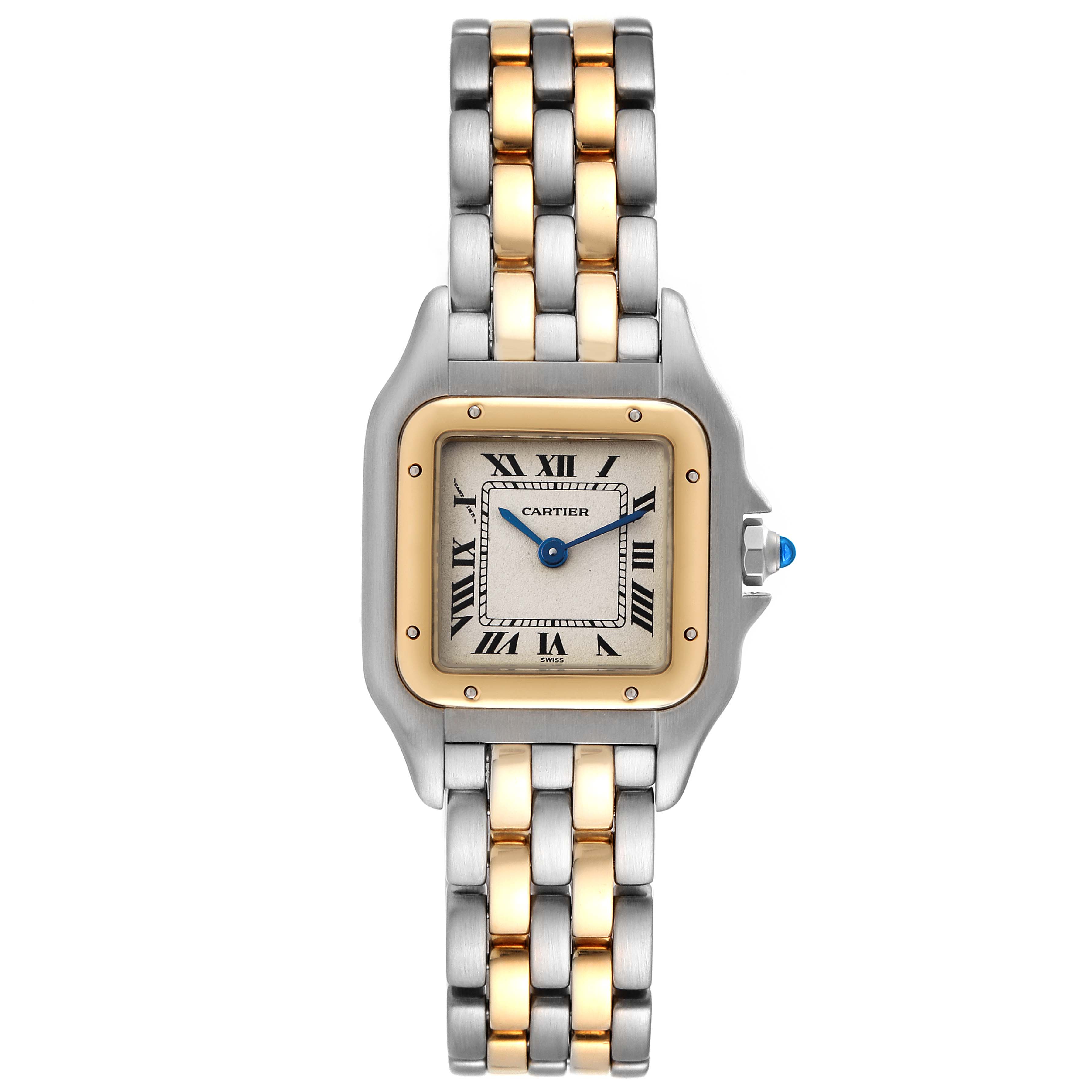 The image shows a Cartier Panthere W25029B6 Women
s Steel and Gold (two tone) Silver Dial W25029B6 Women
s Steel and Gold (two tone) Silver Dial watch from a top-down angle, displaying the face, bezel, and band.