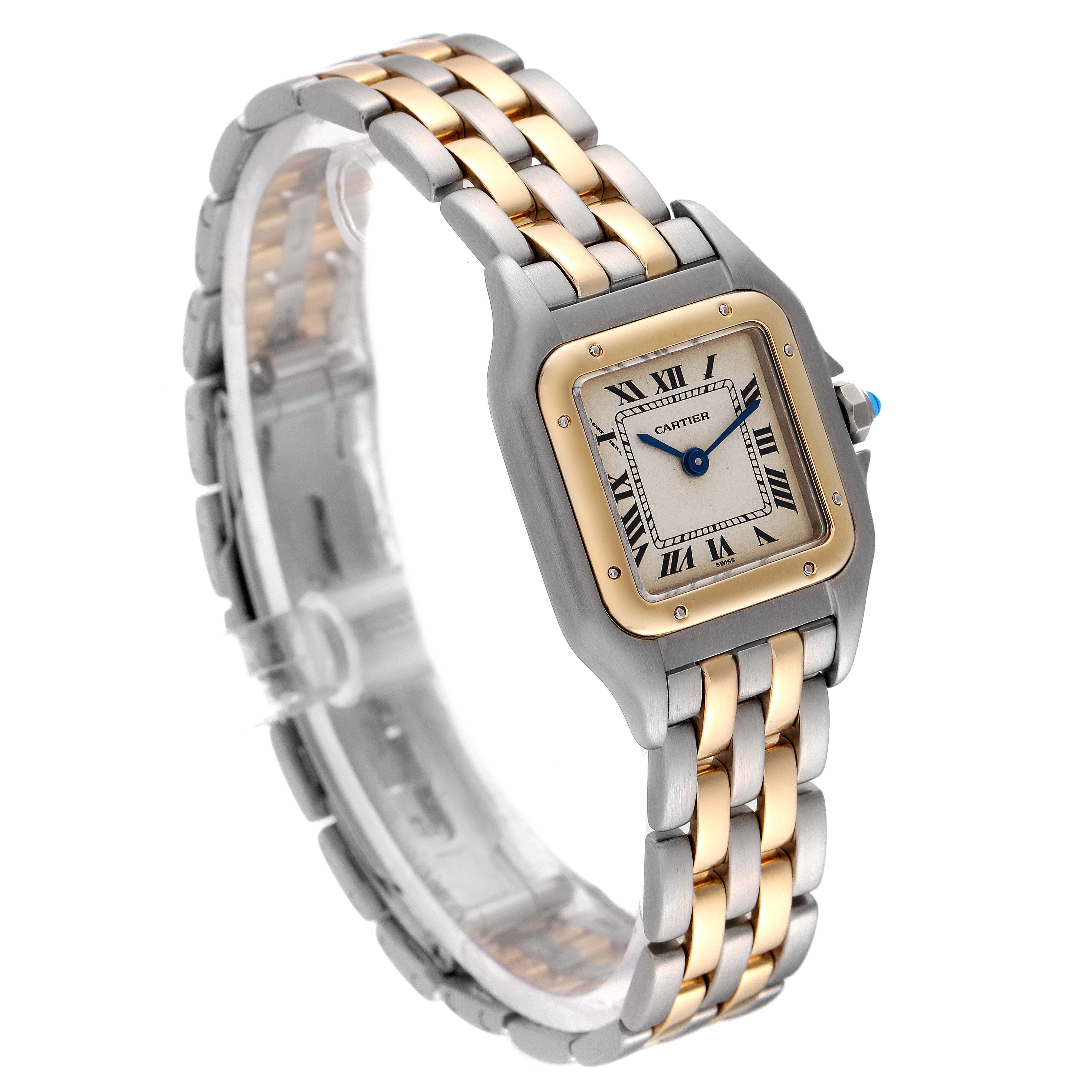 The image shows a Panthere Cartier watch at an angled view, highlighting the two-tone band, square face, and Roman numeral dial.